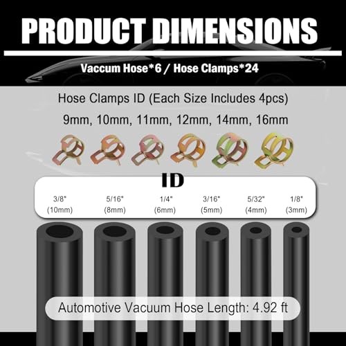 6PCS 5Ft Silicone Vacuum Hose Automotive Set,Vacuum Line With 24pcs Hose Clamps