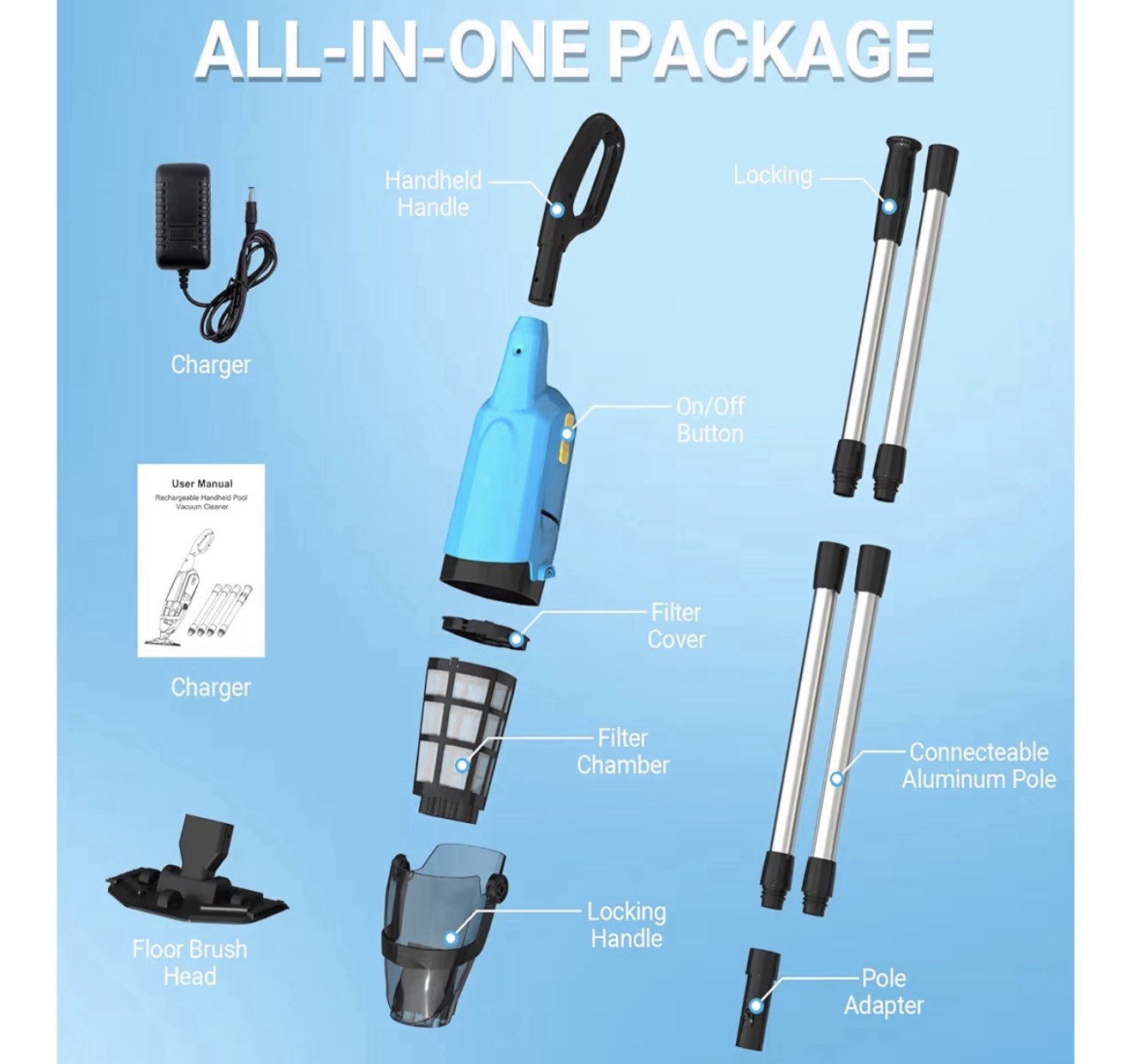 Rechargeable Pool Vacuum w/ Replaceable Brush Head, Pole & Charger Blue/Black