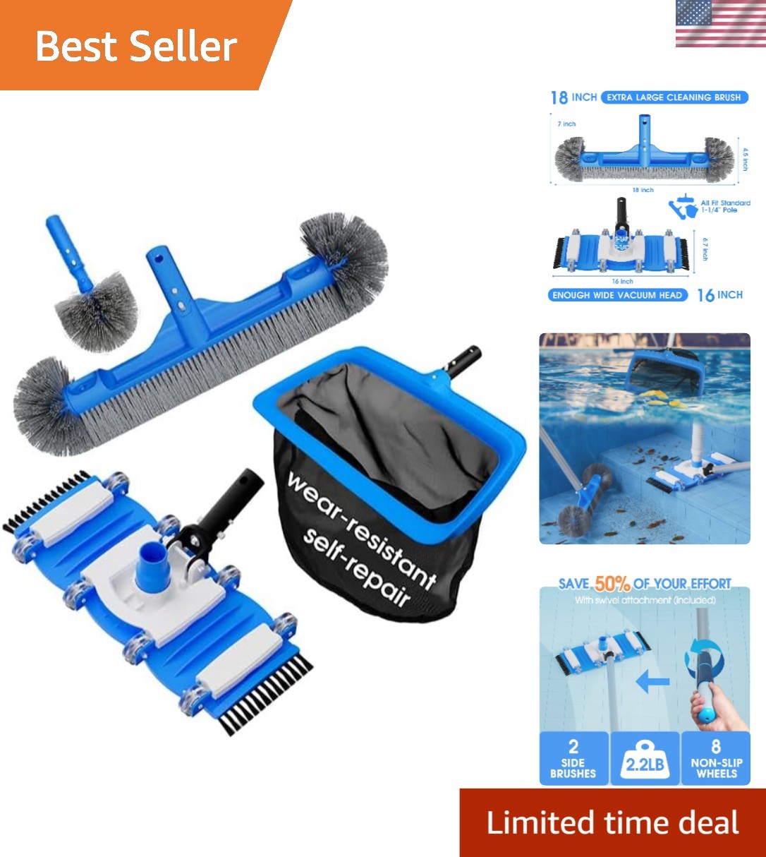 Ergonomic 3-in-1 Pool Cleaning Set: Brush, Vacuum Head & Self-Repairing Net