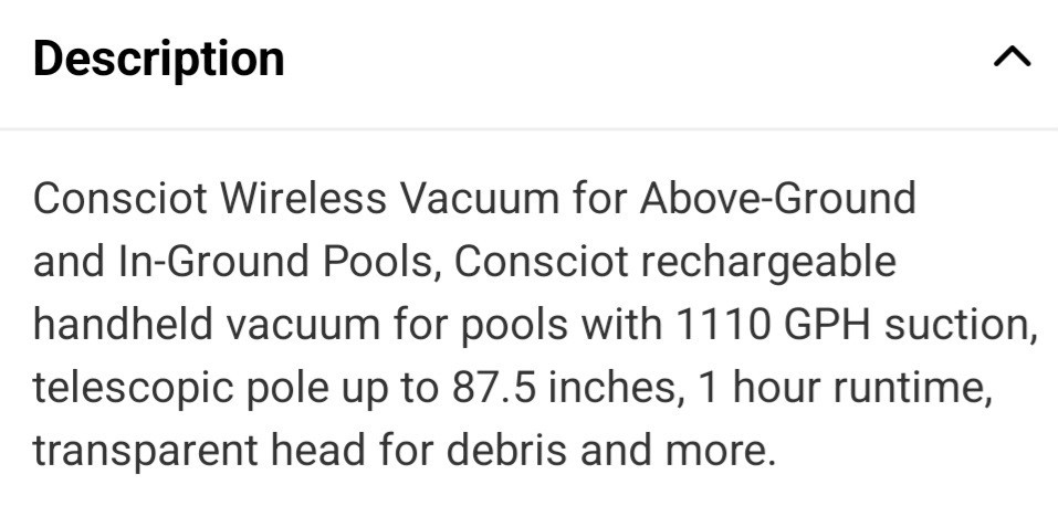 Consciot Cordless Rechargeable Pool Vacuum, Telescopic Pole, 1110 GPH, 1hr