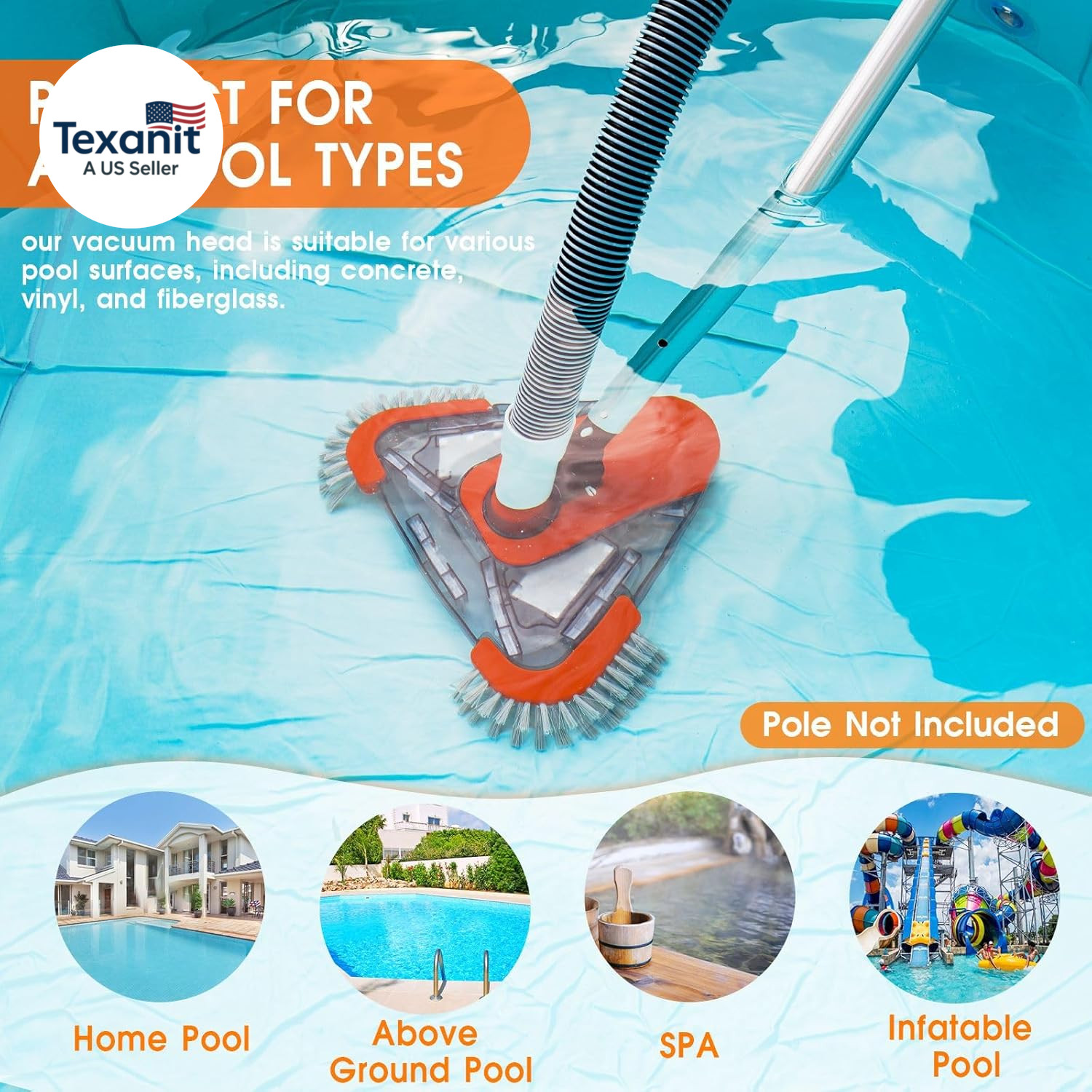 Pool Vacuum Head with Side Brush,Universal Steering Handle & Universal Rotatable