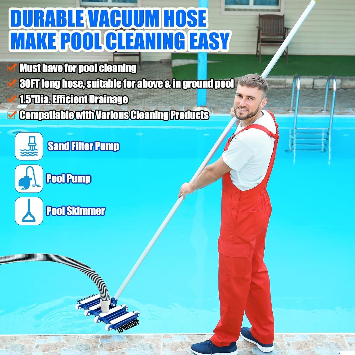Innconee 3 Pcs Pool Cleaning Kit Swimming Pool Vacuum Head Hoses 1-1/2&Prime; x 30ft w