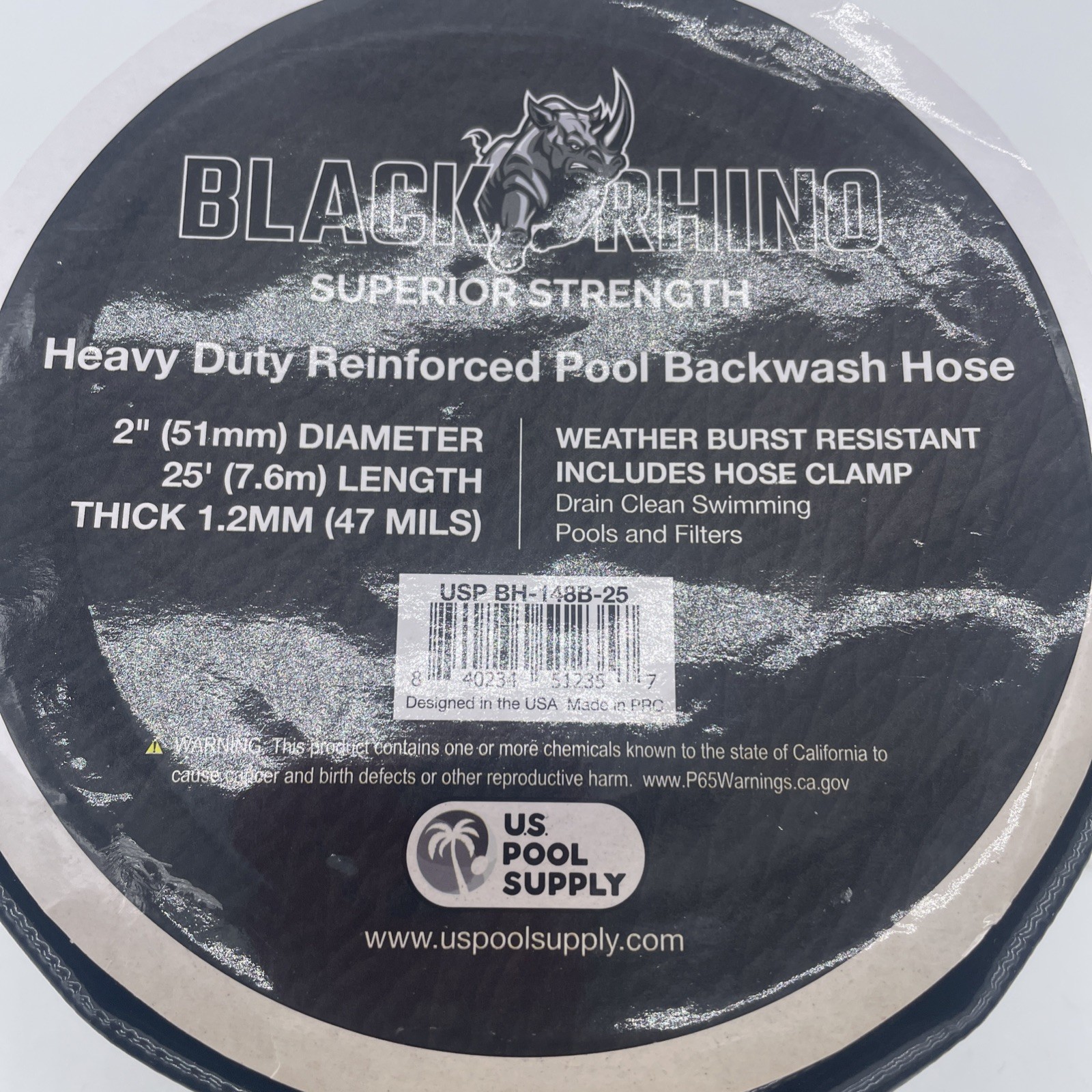 U.S. Pool Supply Black Rhino 2” x 25&prime; Pool Backwash Hose with Hose Clamp