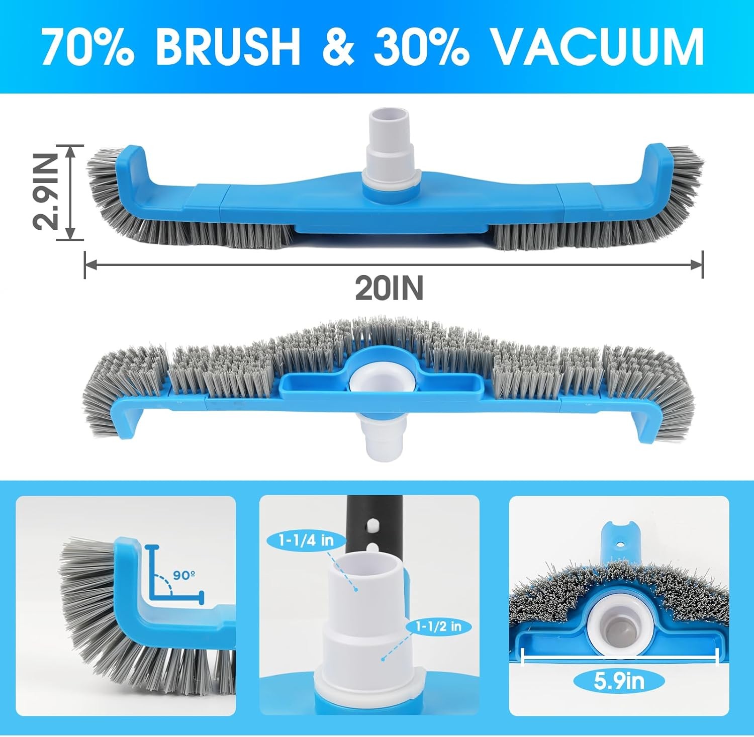 (2026 Upgraded) 20&Prime; 2 in 1 Pool Brush Vacuum Head with Swivel Hose Connection &