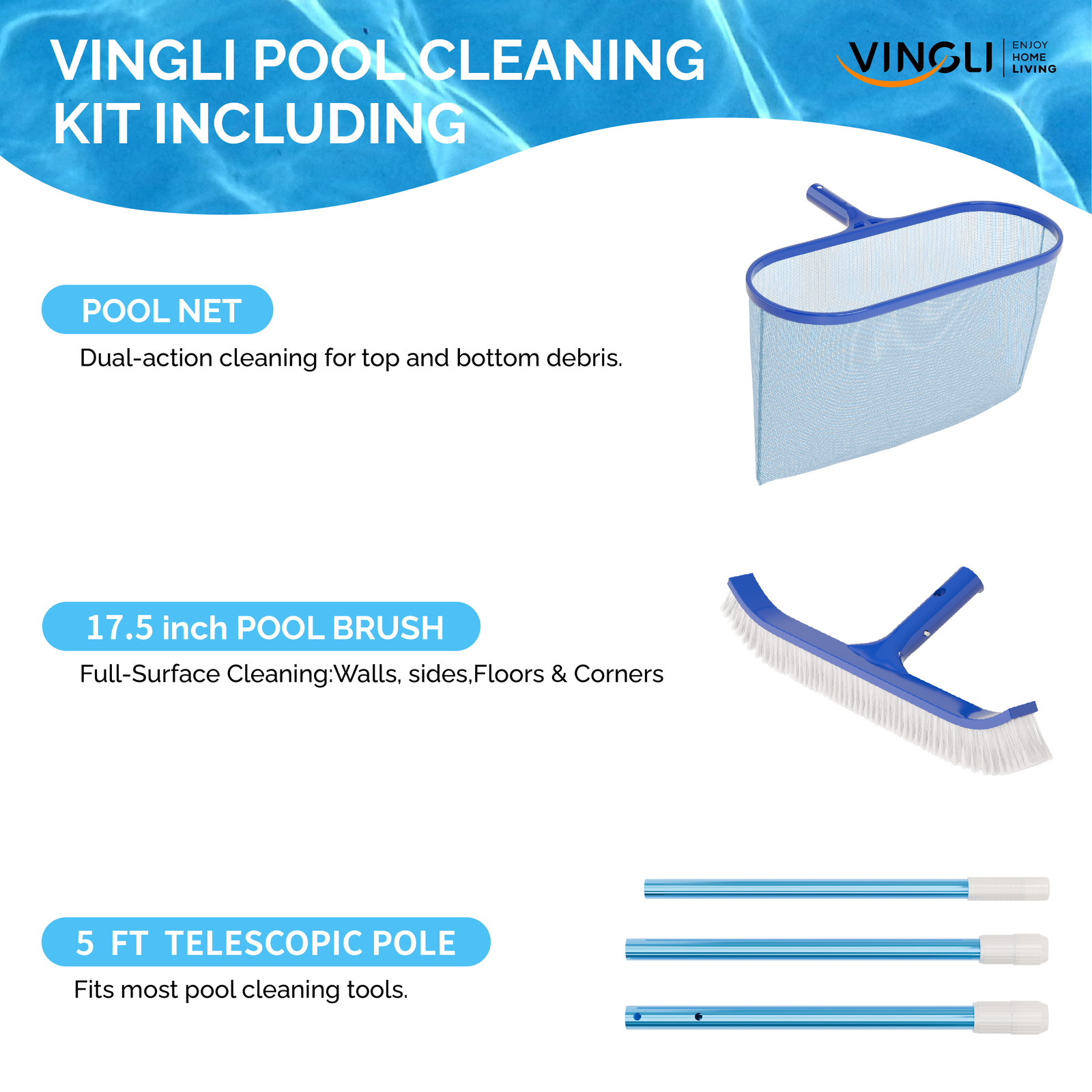 Portable 3 PCS Swimming Pool Cleaning Maintenance Set with Net, Brush,Tube