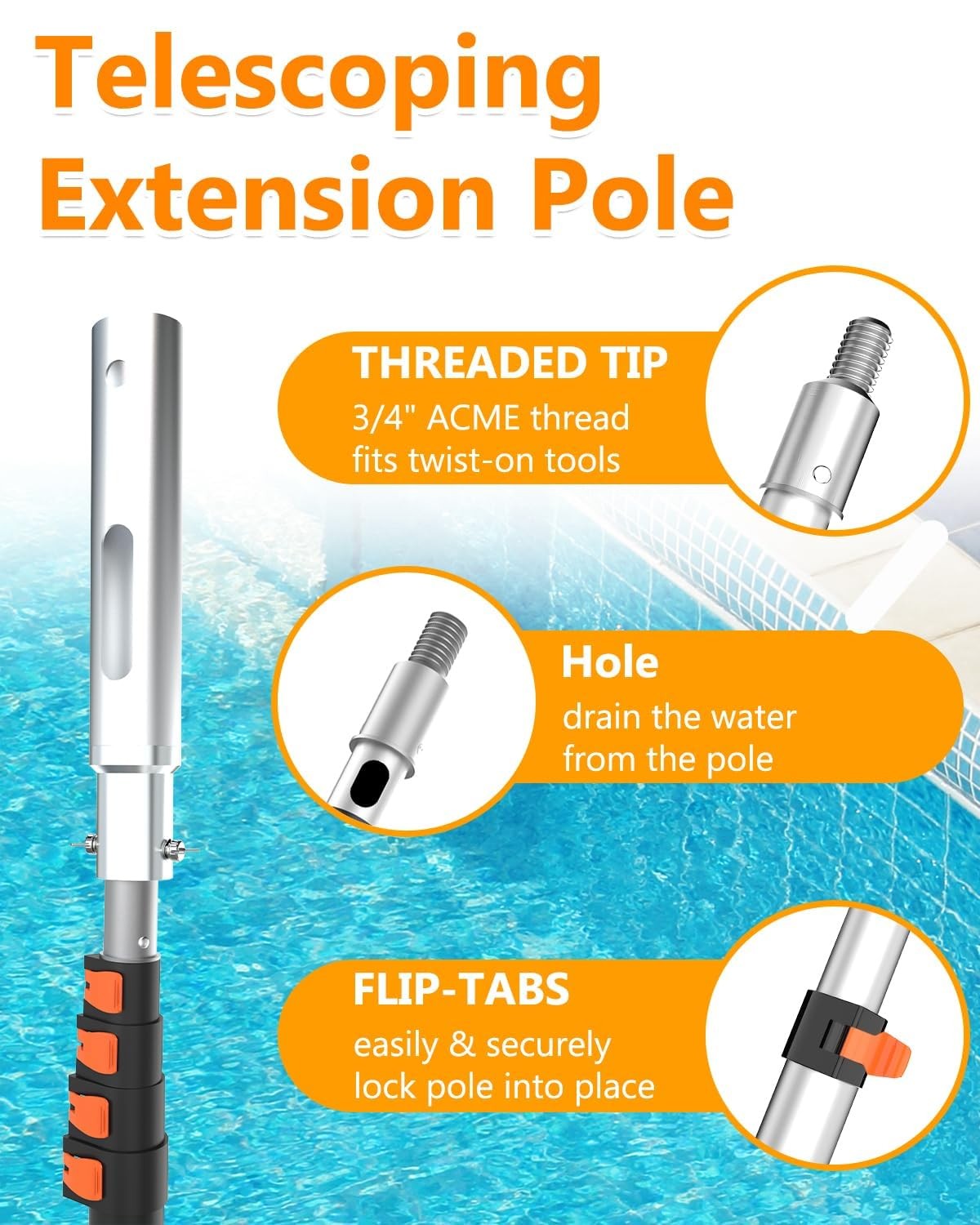 Pool Pole – Upgraded 16 Foot Telescopic Extendable Swimming Pool Pole with 4-…