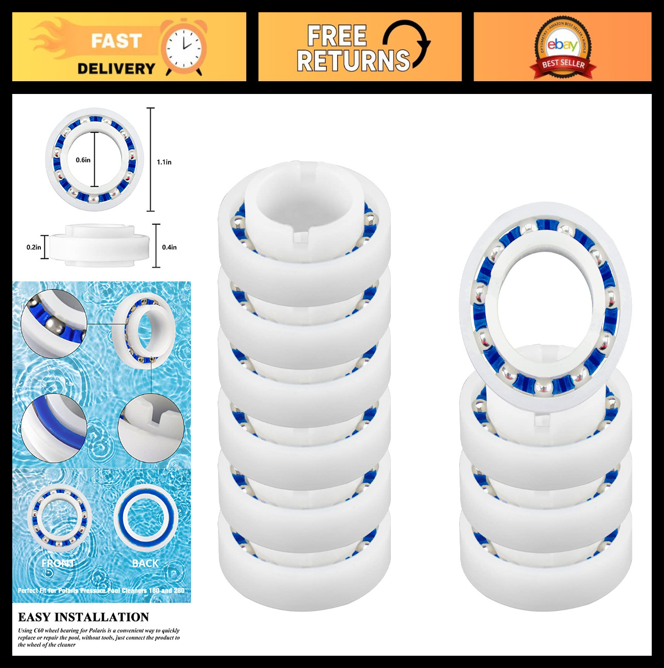 10 Pack Ball Bearing Replacement for Polaris Pool Cleaner Wheels – Smooth Rotati