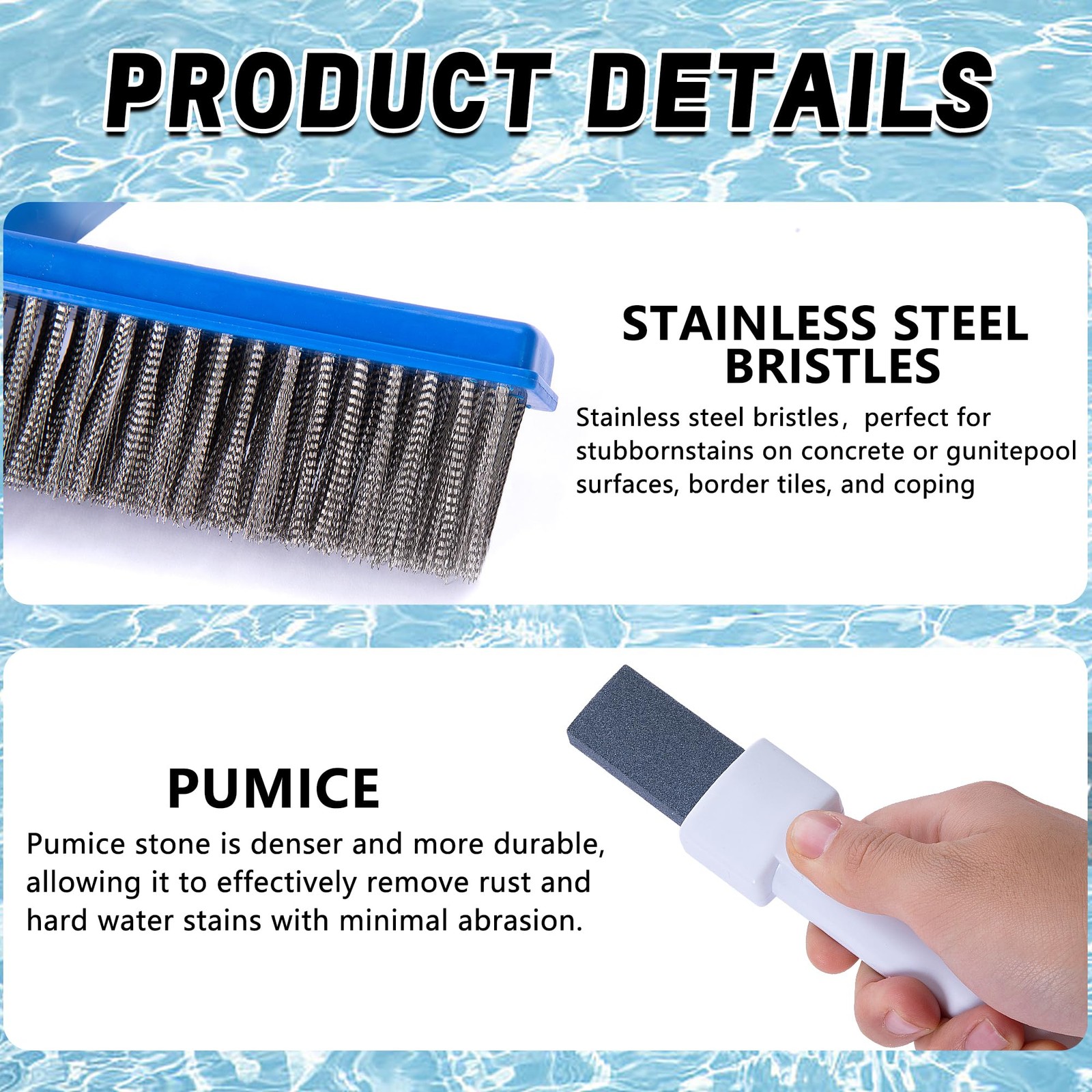 3 Pcs Pumice Stone and Pool Brush Kit-Pumice Stones with Handle and 10&Prime;Stainless