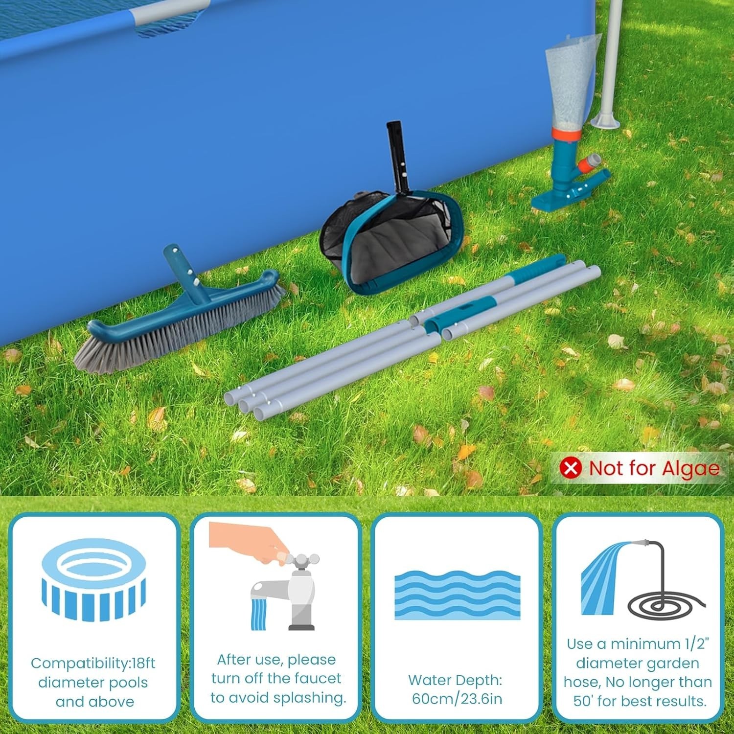 8FT Adjustable Pool Cleaning Kit – Vacuum, Skimmer Rake, and Wall Brush Included