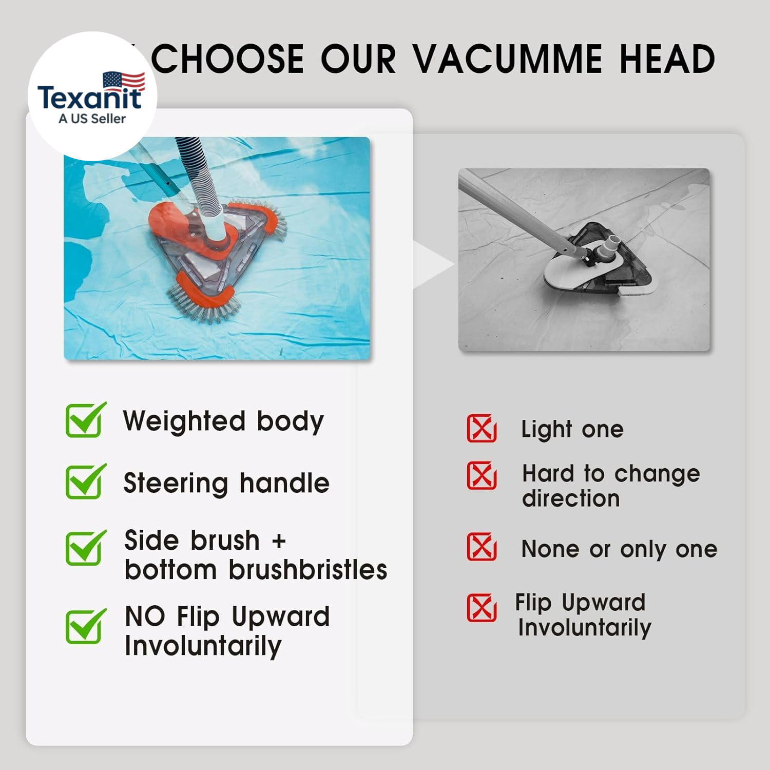 Pool Vacuum Head with Side Brush,Universal Steering Handle & Universal Rotatable