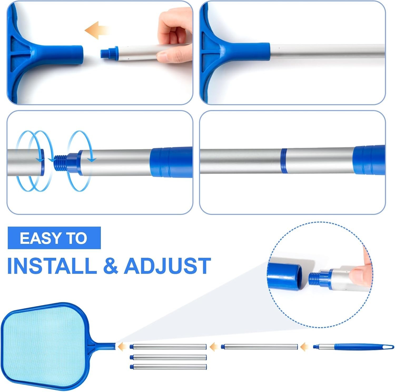 Durable Pool Skimmer Net with 5-Section Aluminum Pole – Perfect for Pools & Spas