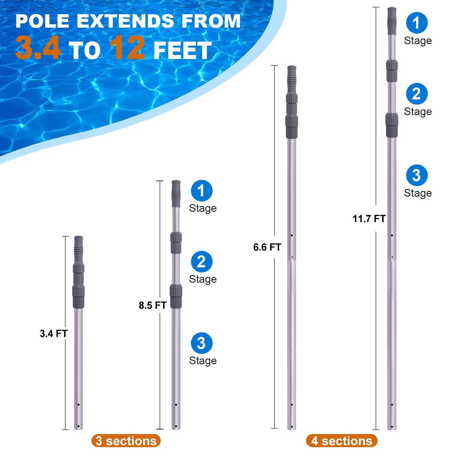 12ft Telescoping Pool Cleaning Pole for Skimmer Net, Brush, Vacuum Head