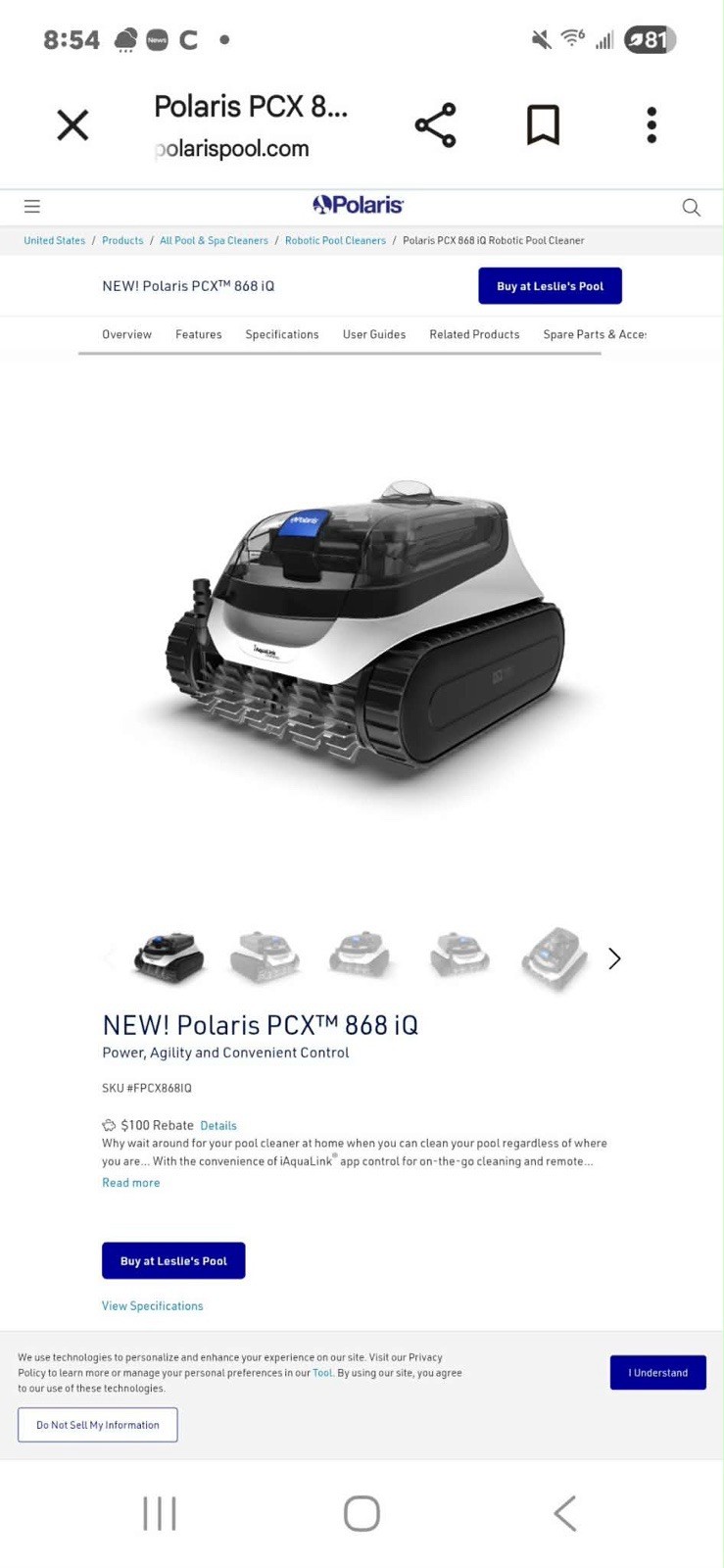Polaris PCX 868 iQ Robotic Pool Cleaner With iAquaLink app control and Caddy