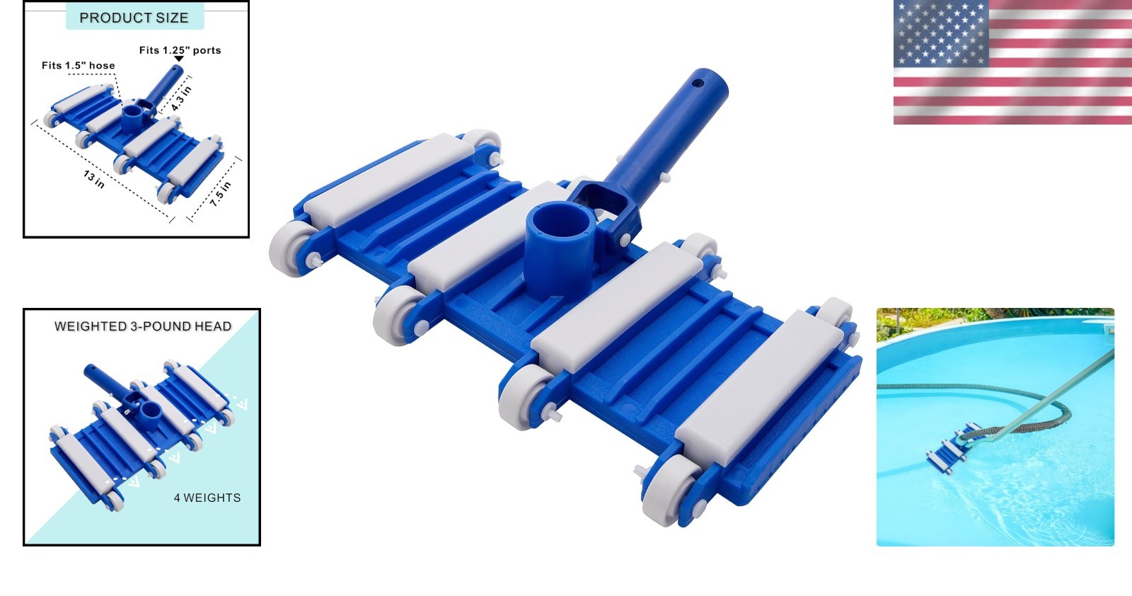 Eco-Friendly Pool Vacuum Head – 14&Prime; Manual Clean with Rolling Wheels Included