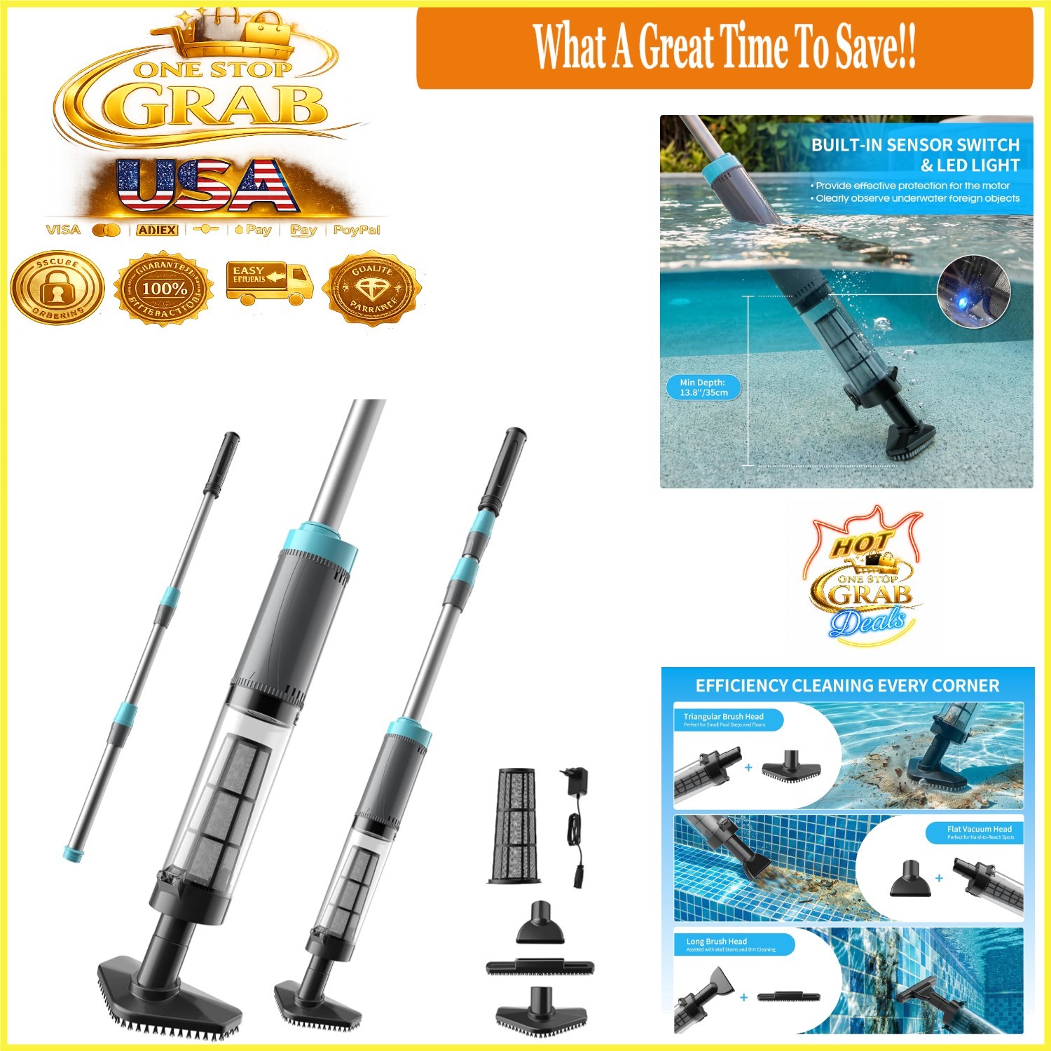 Cordless Handheld Pool Vacuum with 3 Brush Heads LED Light Rechargeable Up to…