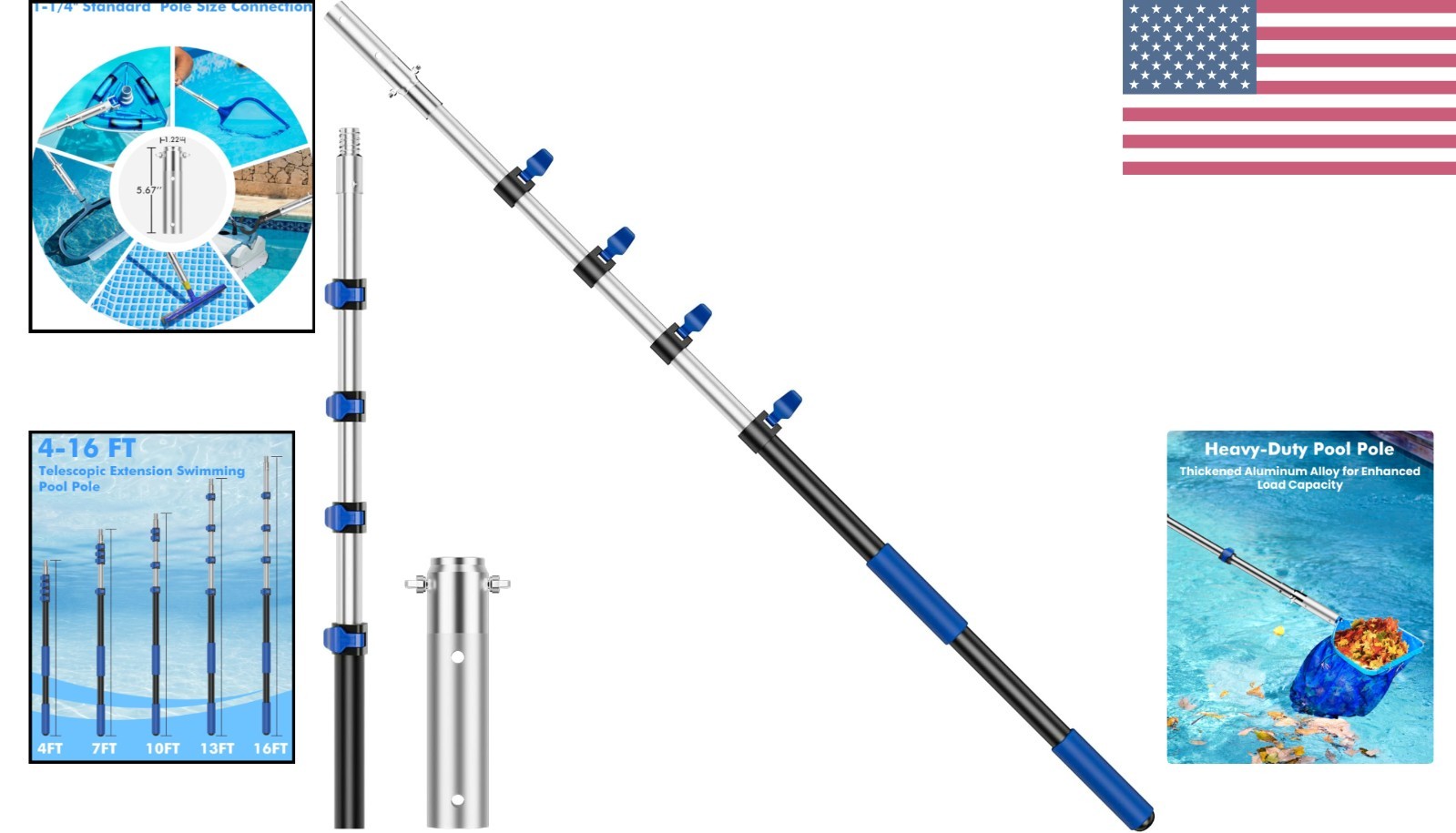 Adjustable 16FT Aluminum Pool Pole – Versatile Tool for Cleaning Accessories