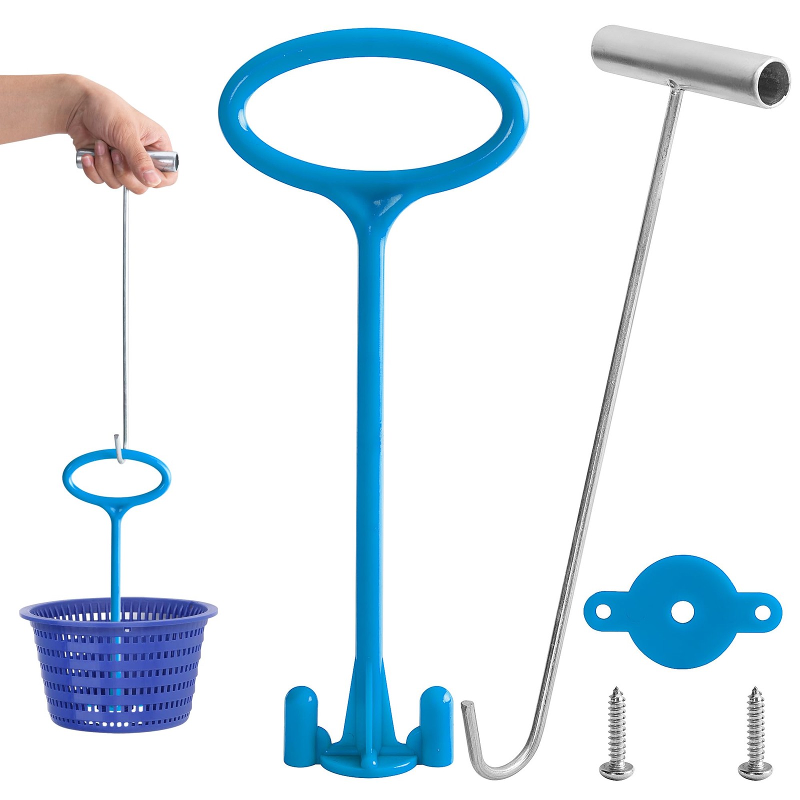 Pool Skimmer Basket Handle Tool Blue Silver Hook Inground Above Ground Cleaning
