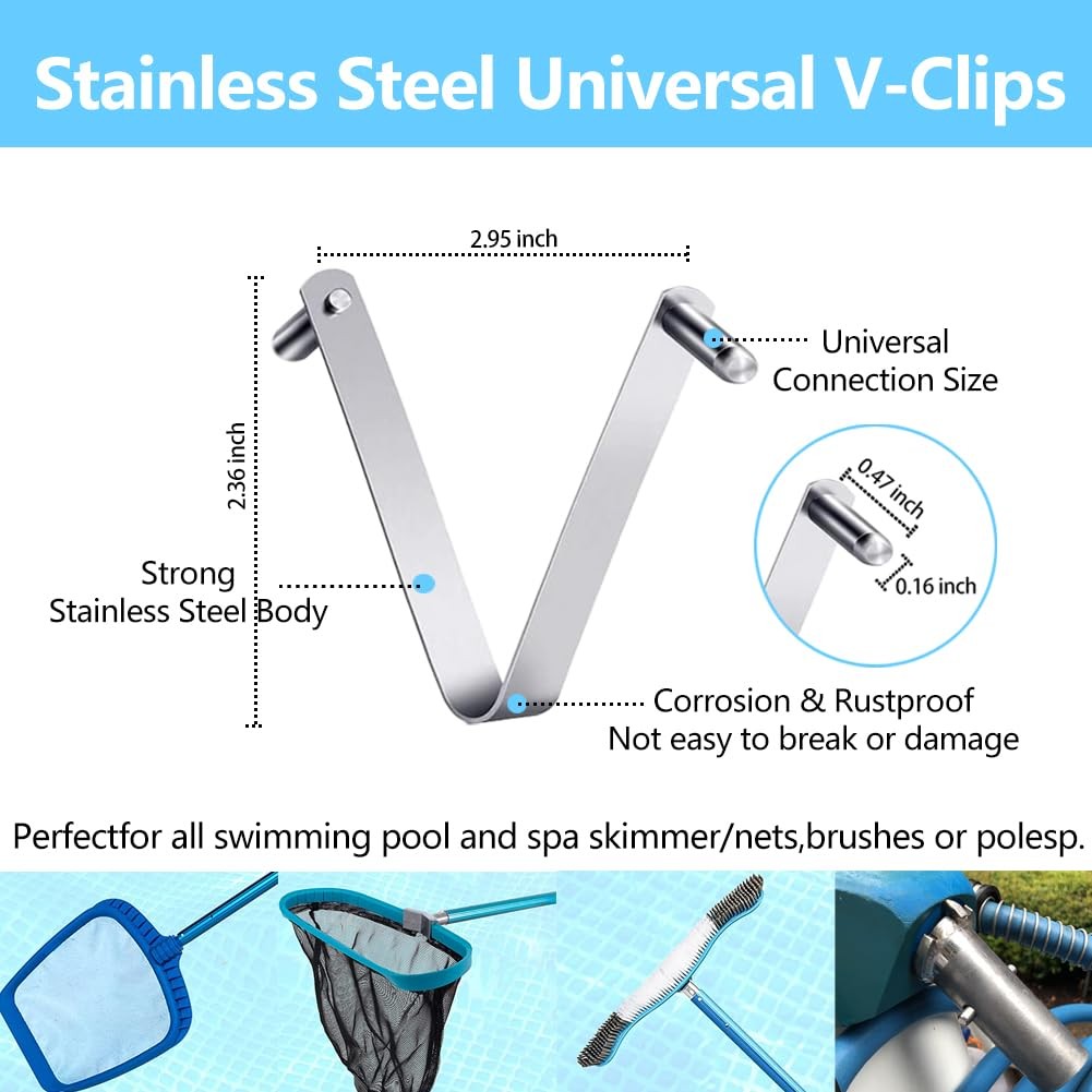 3 Pcs Stainless Steel Pool Pole V Clip Universal Brush Skimmer Rake Connector