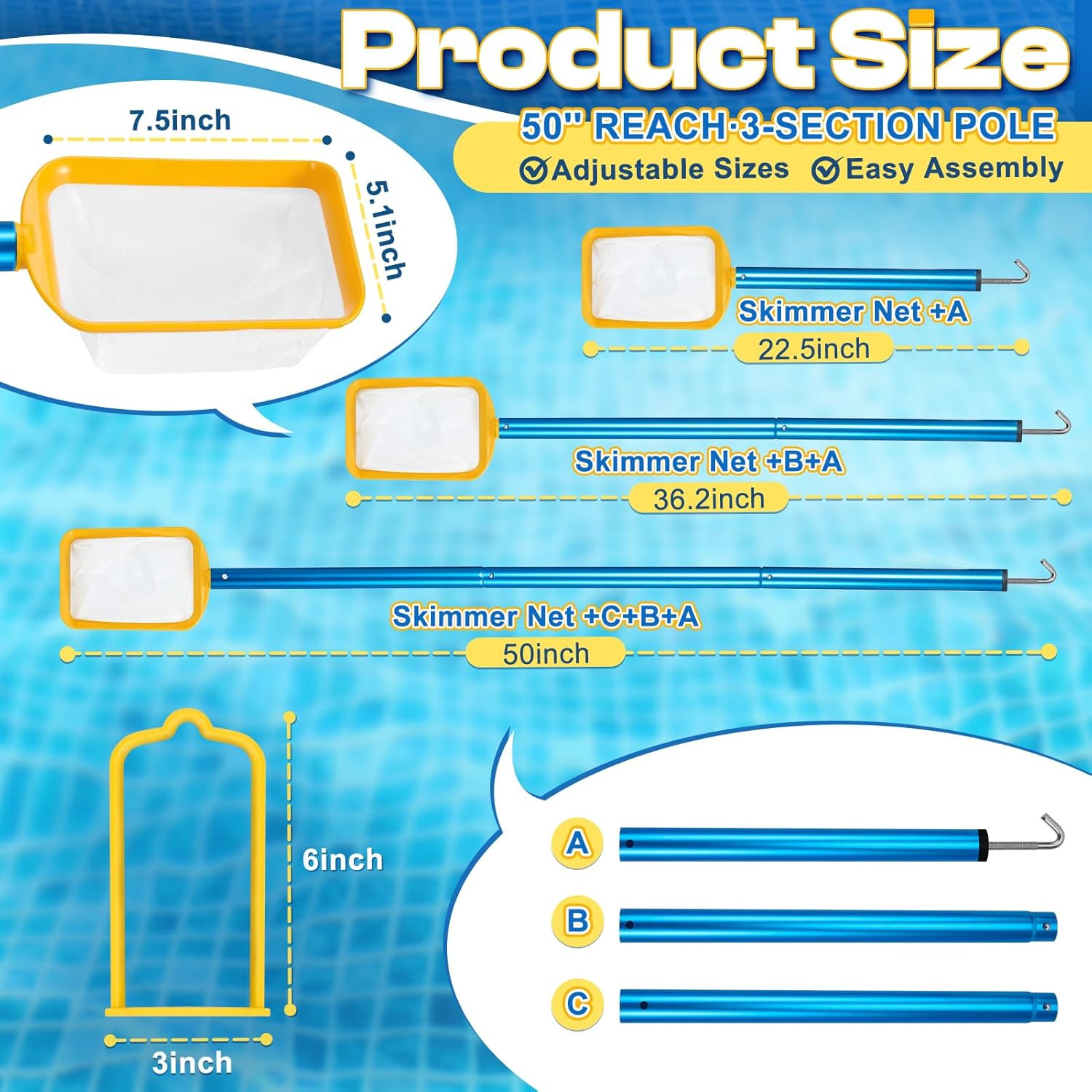 50In 2-In-1 Pool Skimmer Tool with Stainless Steel Hook and Detachable Fine Mesh