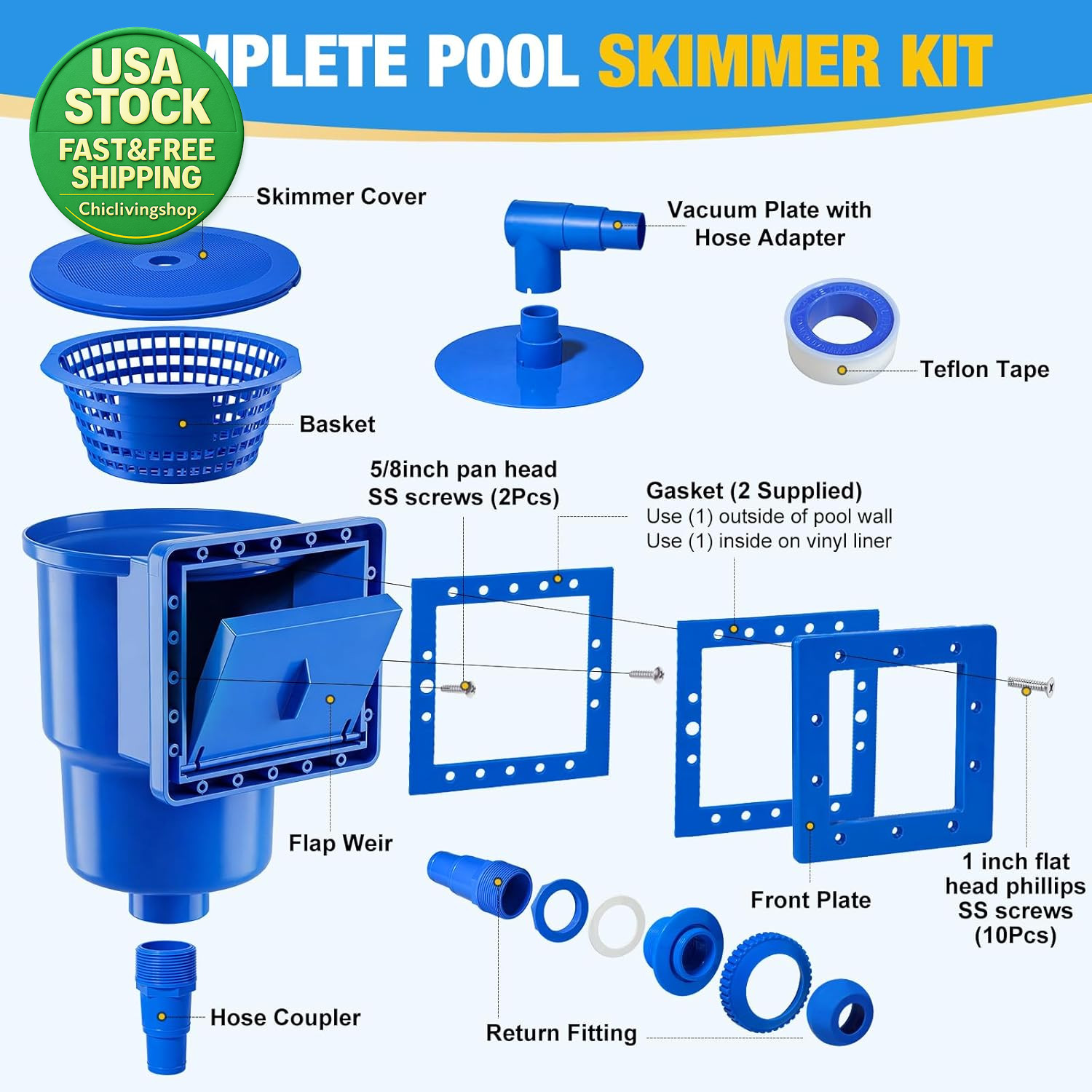 Above Ground Pool Skimmer Heavy Duty through Wall Kit Universal Fit Klein Blue