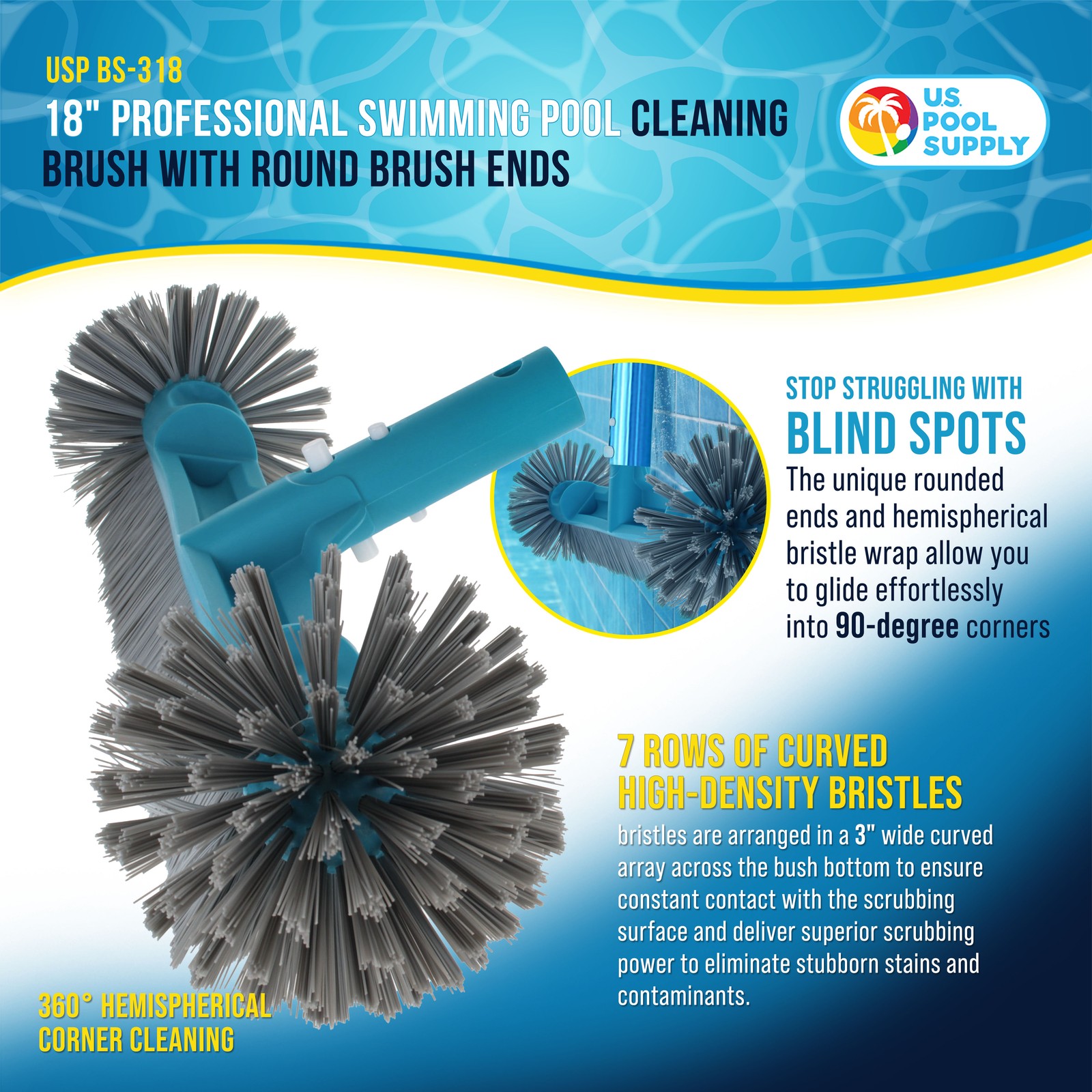 U.S. Pool Supply 18&Prime; Pool Brush Head 7 Row Bristles Inground Above Ground