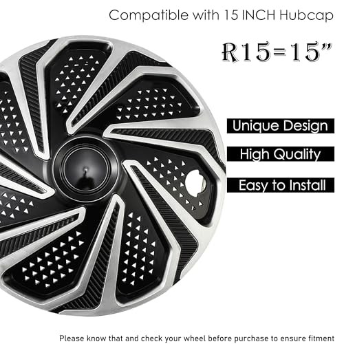 Hubcap Wheel Cover Replacement Kit 15&Prime; Hub Caps – Black with Silver – 15&Prime; Grid