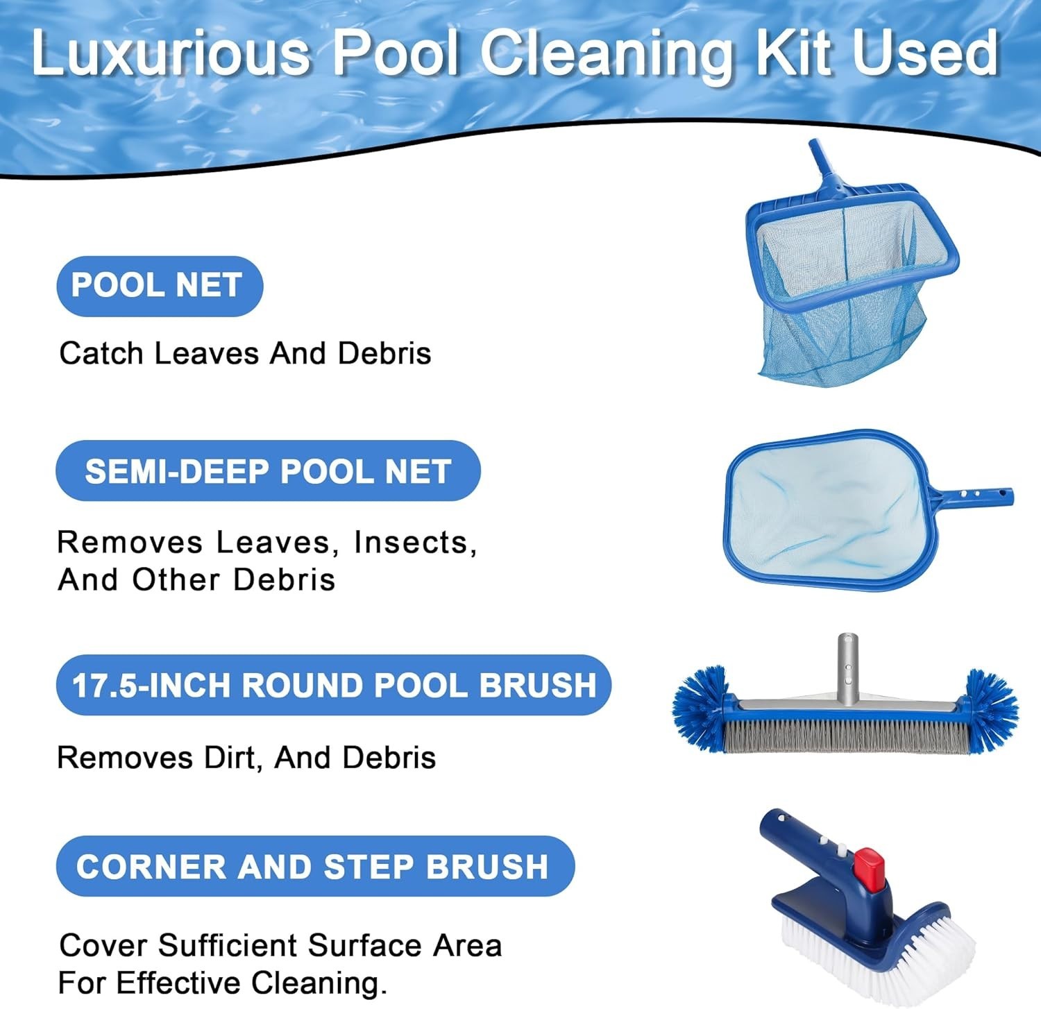 4-Piece Pool Cleaning Kit Heavy Duty Skimmer Net Brush Wall Scrubber Above Gr…