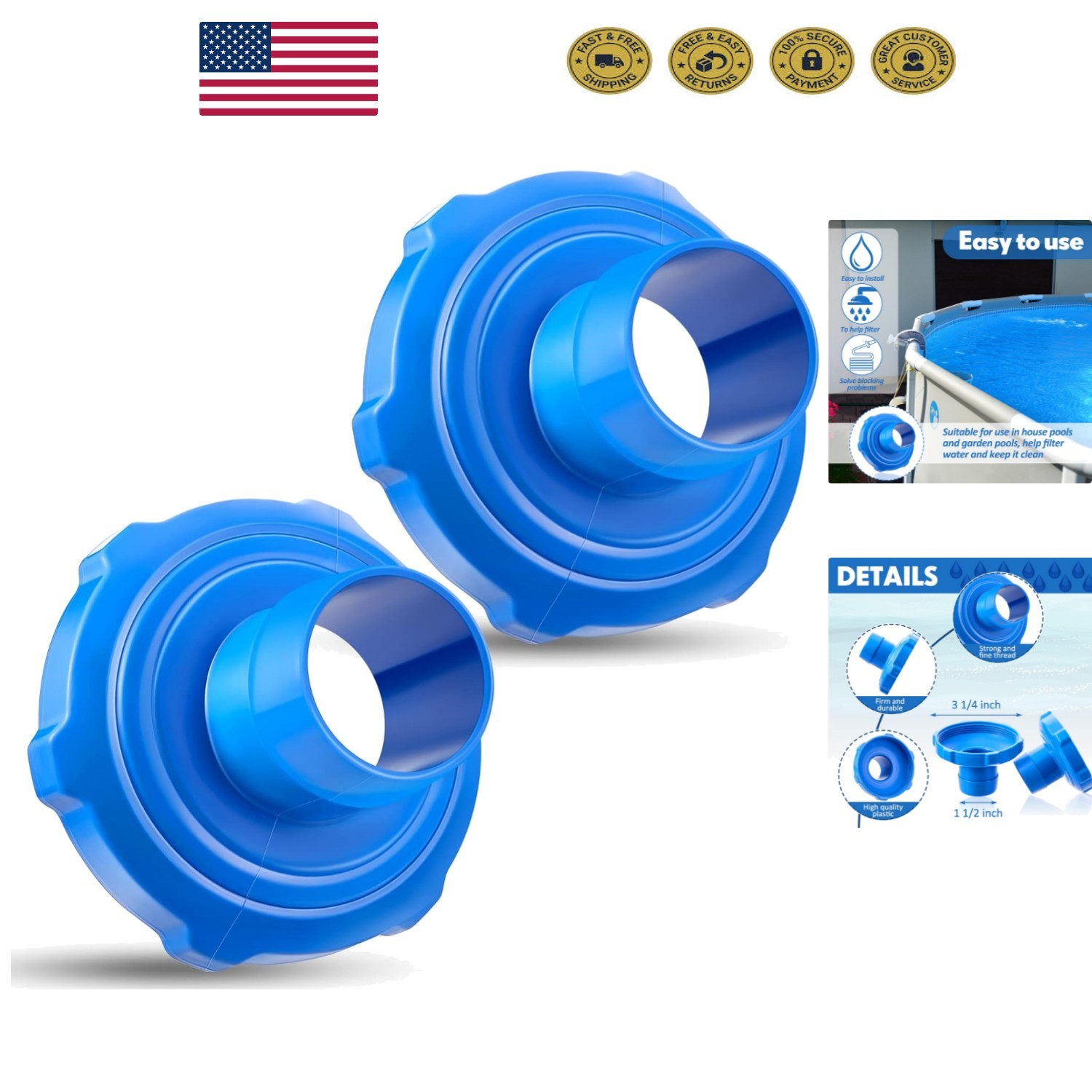 Convenient Pool Vacuum Hose Connector Set – 1 1/2&Prime; & 3 1/4&Prime; Compatibility