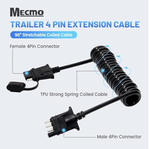 7.5ft 4 Pin Flat Trailer Wire Extension, Coiled Cable – 4 Way Vehicle &