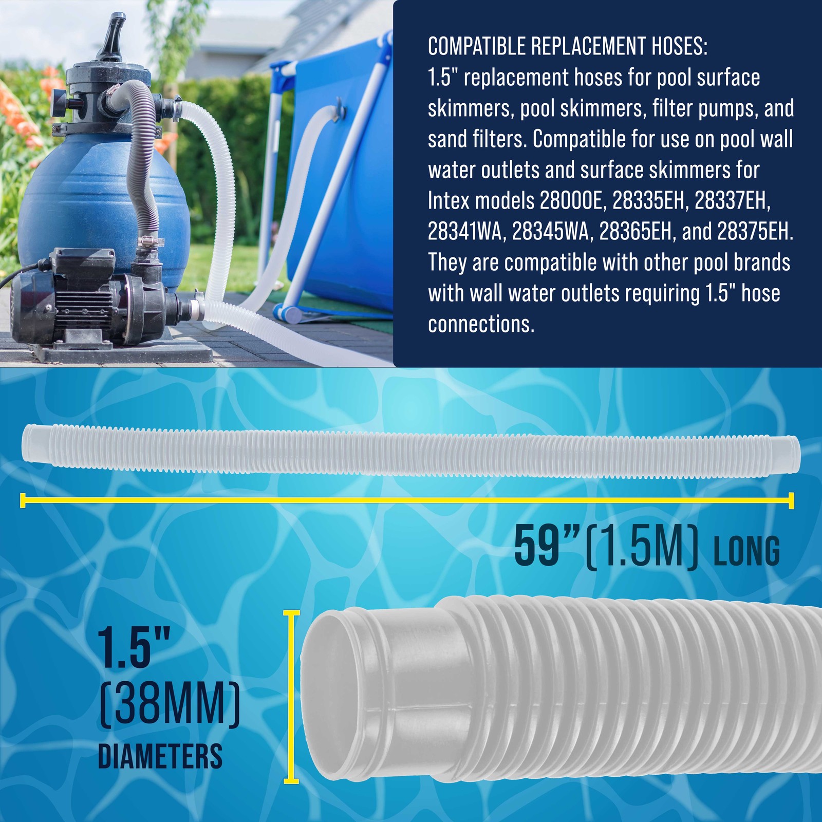 3 Pack of White Above Ground Pool Hose Replacement 1.5&Prime; Diameter x 59&Prime; Long
