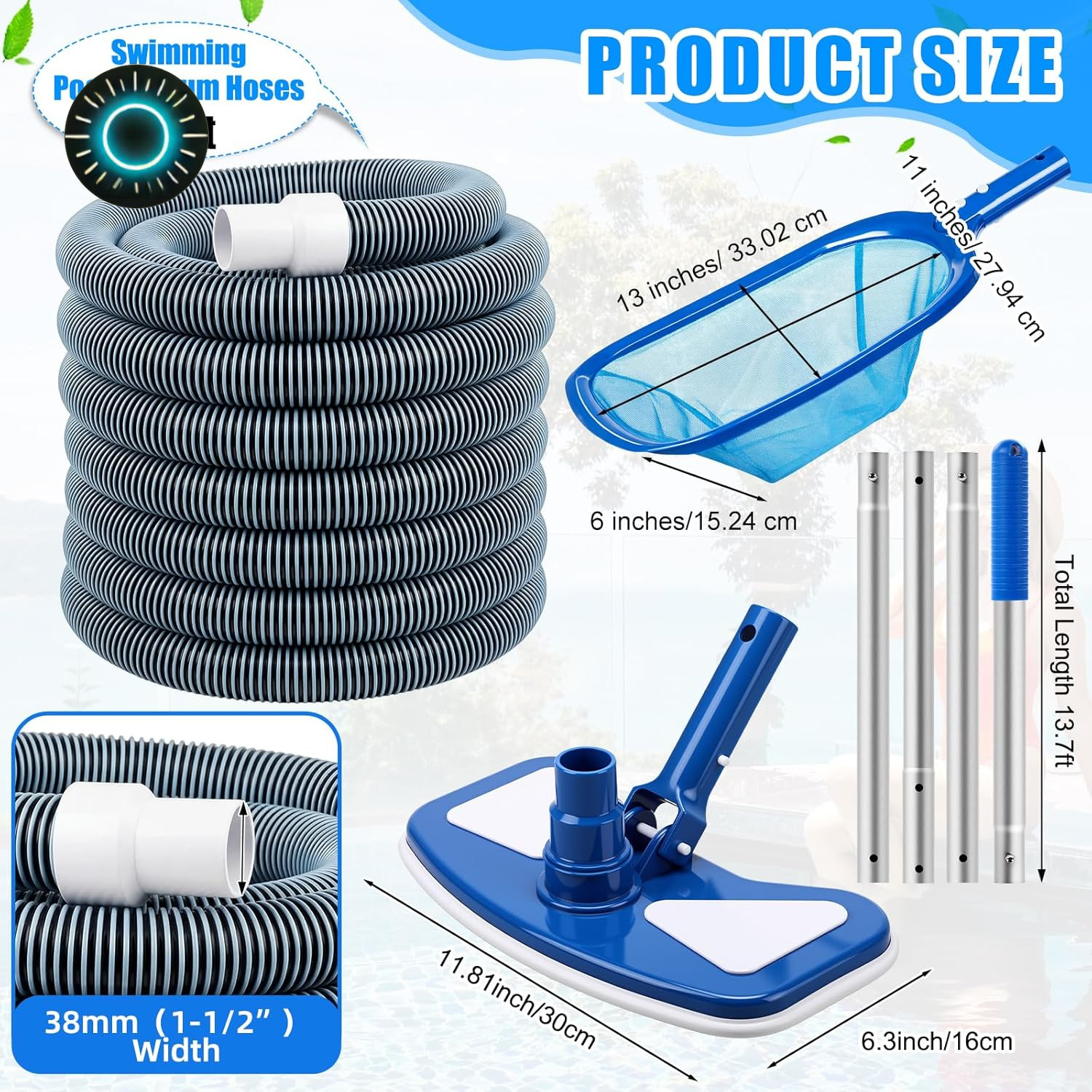 4 Pcs Swimming Pool Vacuum Kits 11.8&Prime; Vacuum Head with 1-1/2&Prime; X 29.5 Ft Hoses 1