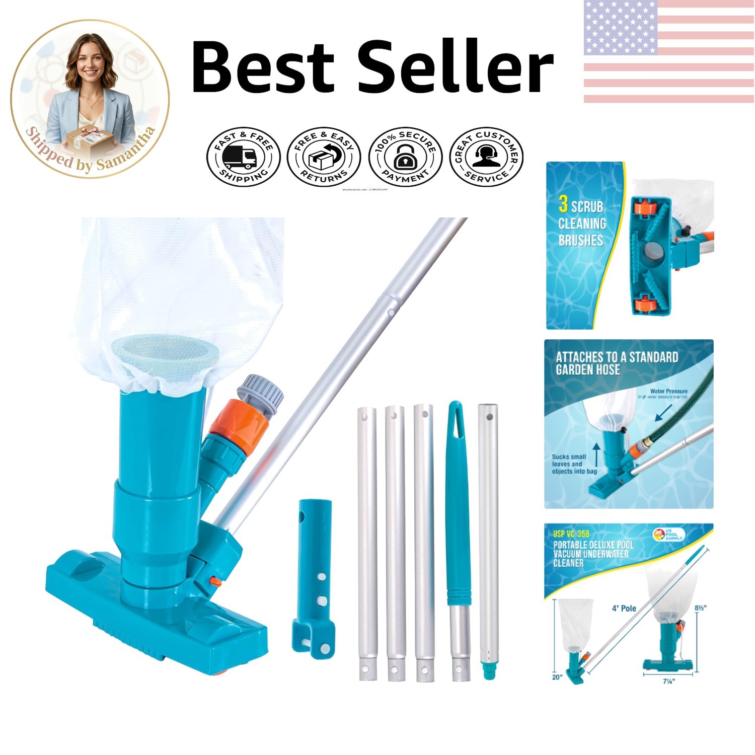Portable Above Ground Pool Vacuum Cleaner with Mesh Leaf Bag – 4ft Pole Included