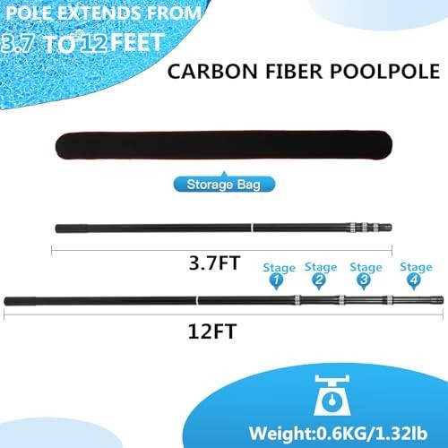 Telescopic Carbon Fiber Swimming Pool Pole – 12ft Adjustable Cleaning Rod for Sk