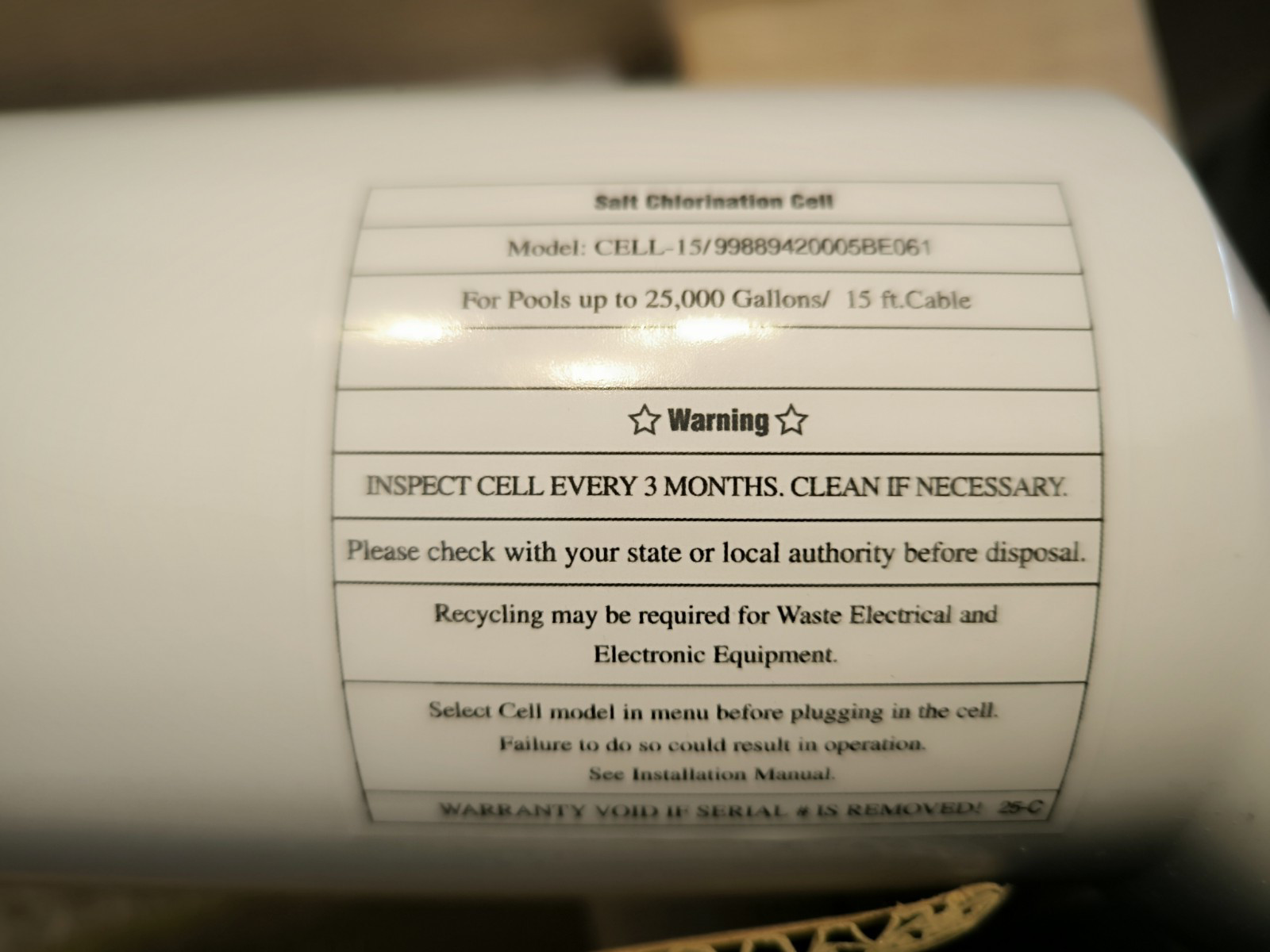 Cell-15 Salt Cell up to 25,000 Gallon Pool Chlorination Salt Chlorine Generator