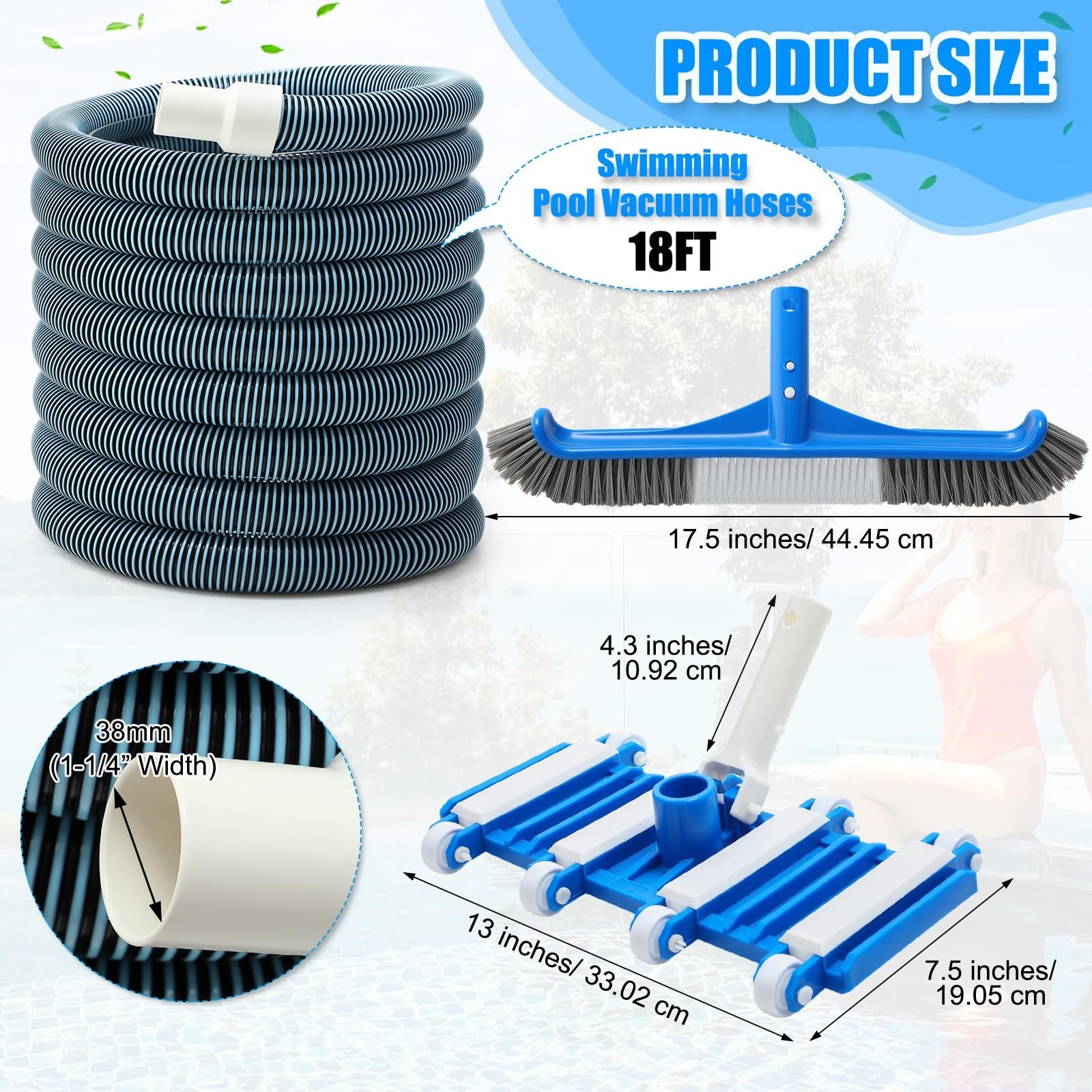 3 Pcs Pool Cleaning Kit – Vacuum Head, 30ft Hose, 14&Prime; Brush for Inground/Above G