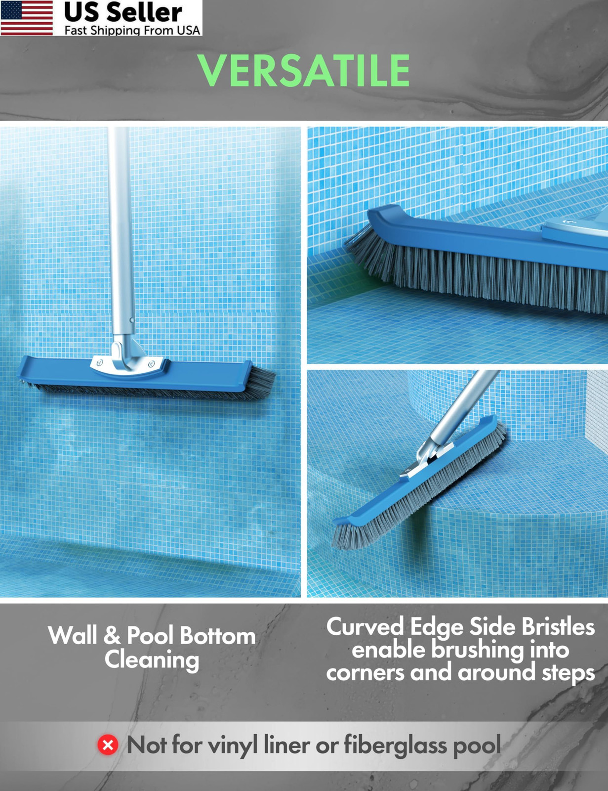 KEMANO Heavy Duty Pool Brush Head: STIFF BRISTLES FOR CONCRETE, Black