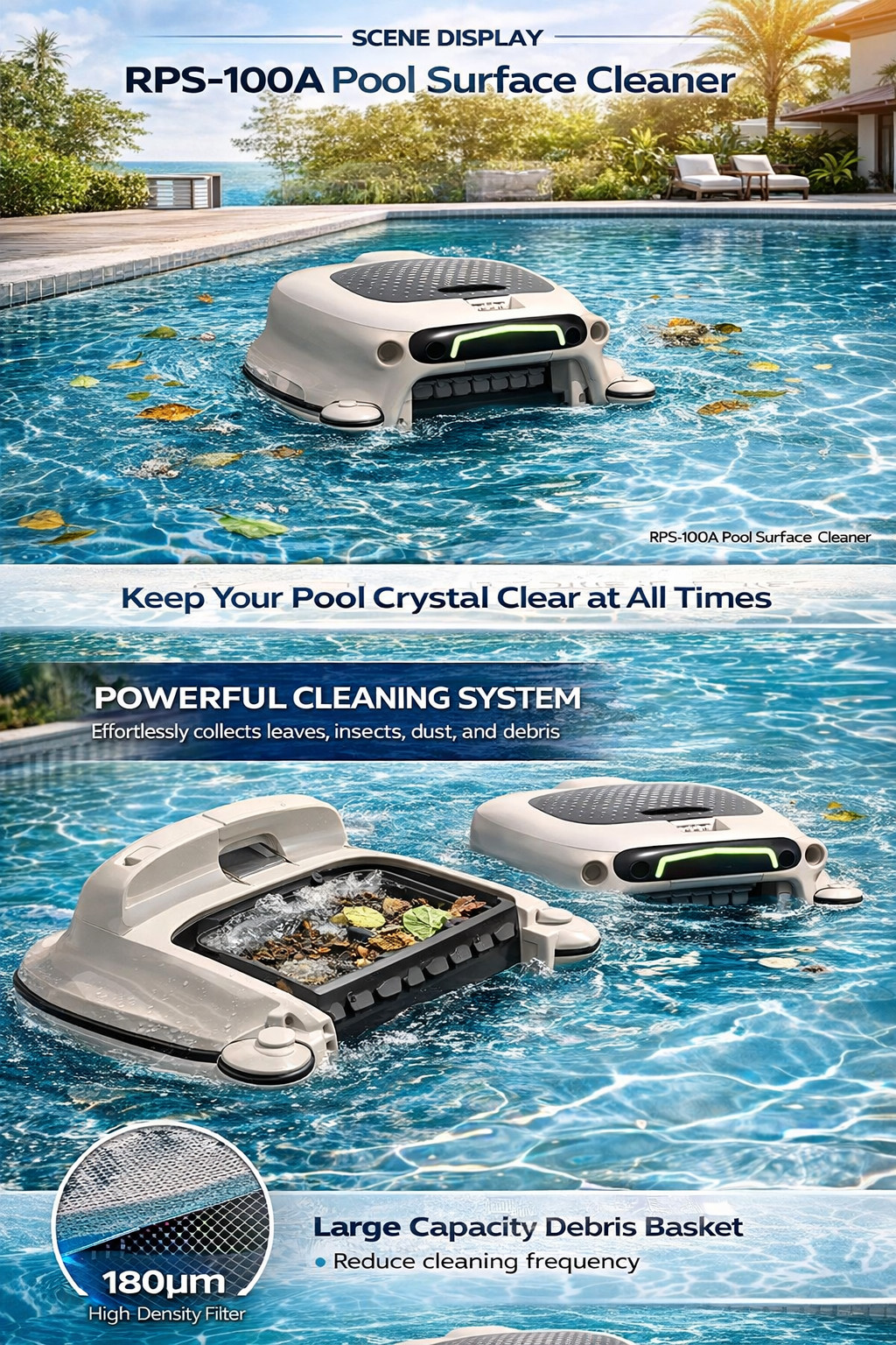 Pool Surface Skimmer Robot Automatic Pool Cleaner 2000sq.ft IPX7 Cordless Remote