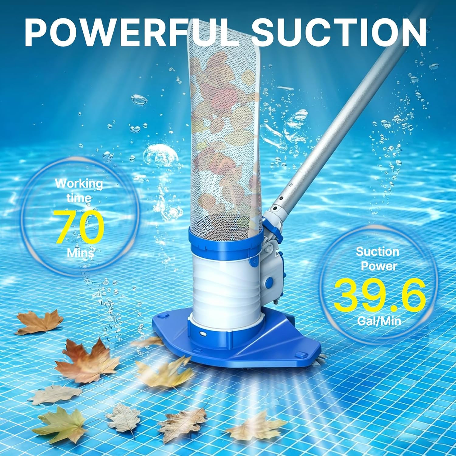 83GPM Big Rechargeable Pool Leaf Vacuum with 5-Section Pole, Cordless Pool Skimm