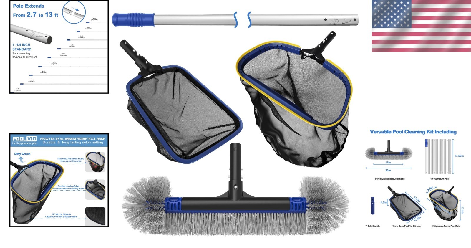 5-in-1 Pool Cleaning System: Rake, Brush Head & 13ft Adjustable Pole