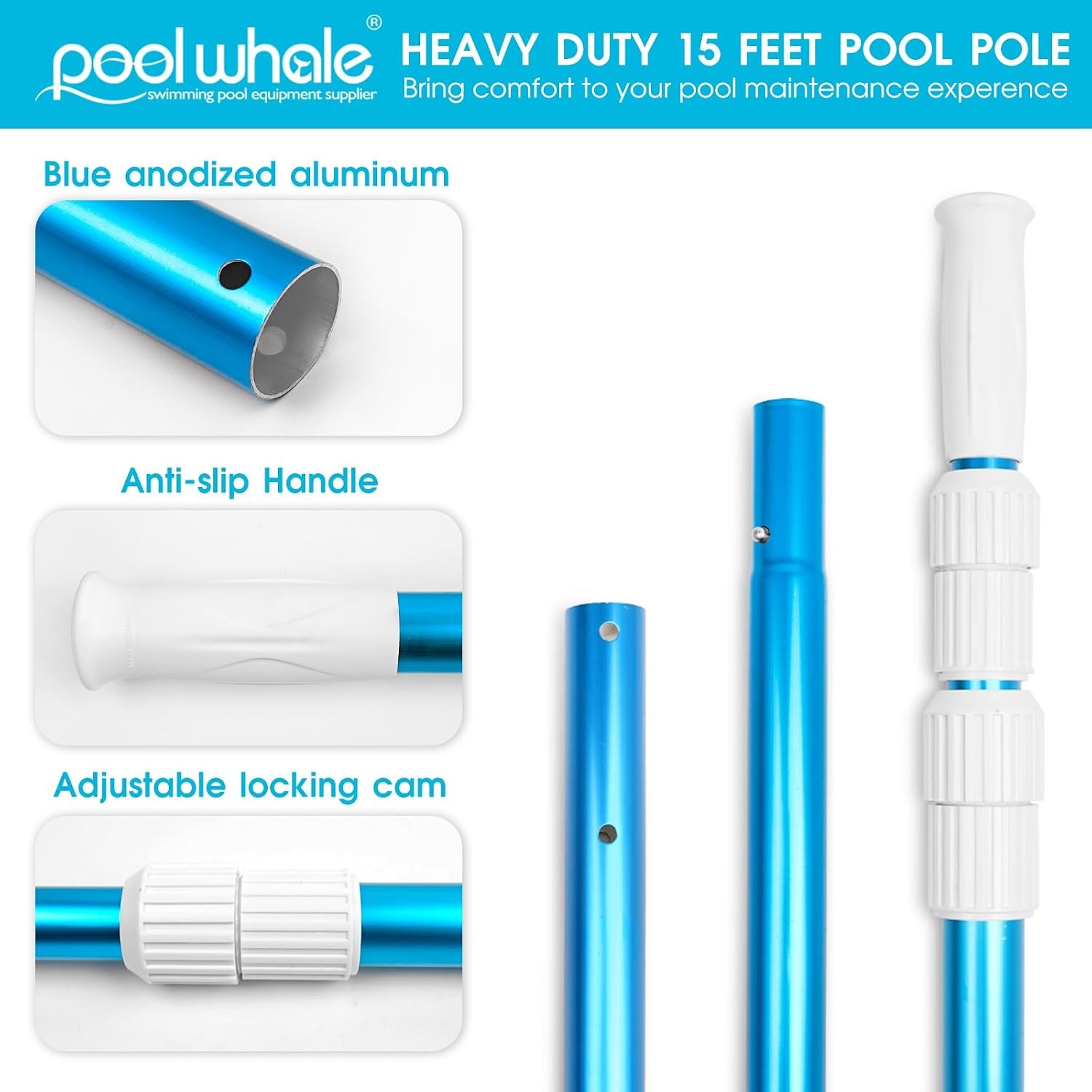 15FT Telescopic Pool Pole Adjustable Aluminum Cleaning Pole for Skimmer Vacuum