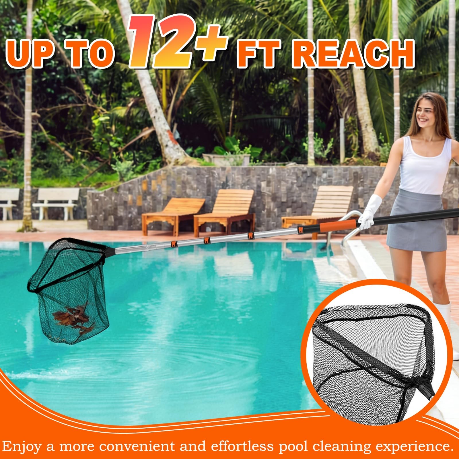 12FT Pool Skimmer Net with Telescopic Pole & Fine Mesh for Easy Cleaning