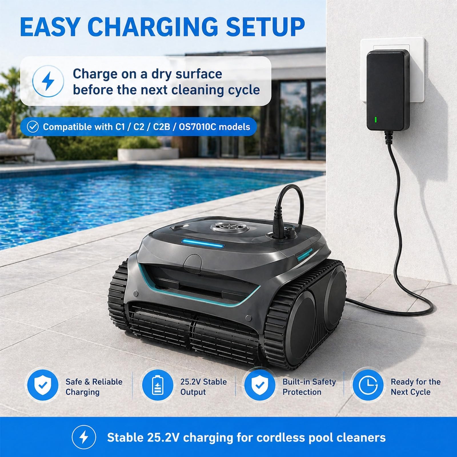 25.2V Quick Charger for Wybot Cordless Robotic Pool Vacuum C1 C2 C2B OS7010C,…