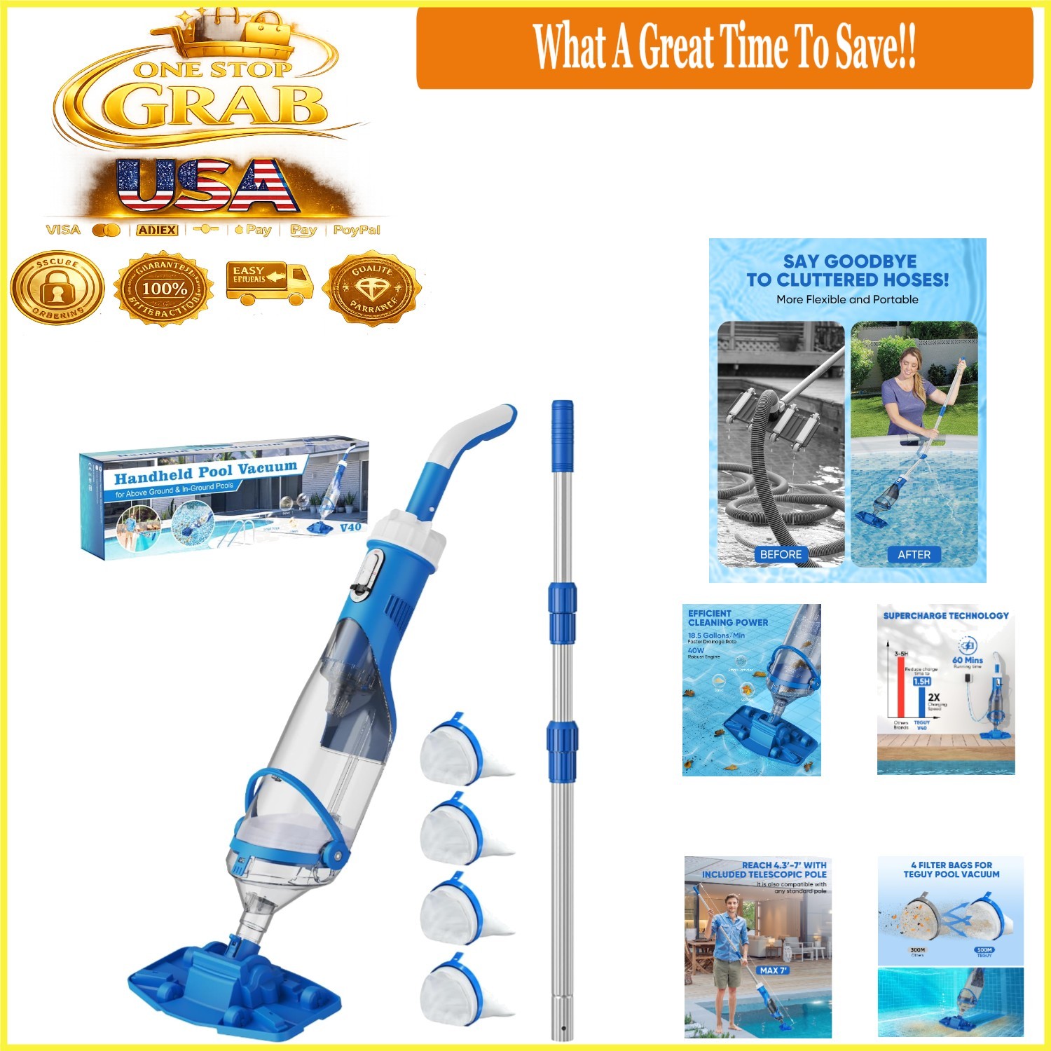 Cordless Pool Vacuum with Telescopic Pole 18.5 GPM Powerful Suction Blue