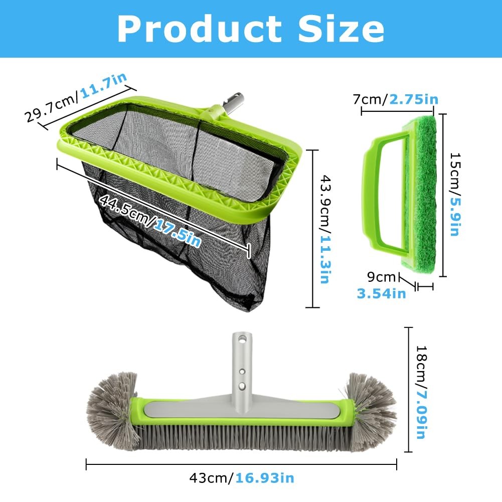 3PCS Pool Cleaning Kit -Pool Skimmer Net, 17&Prime; Aluminum Pool Wall Brush & Hand…
