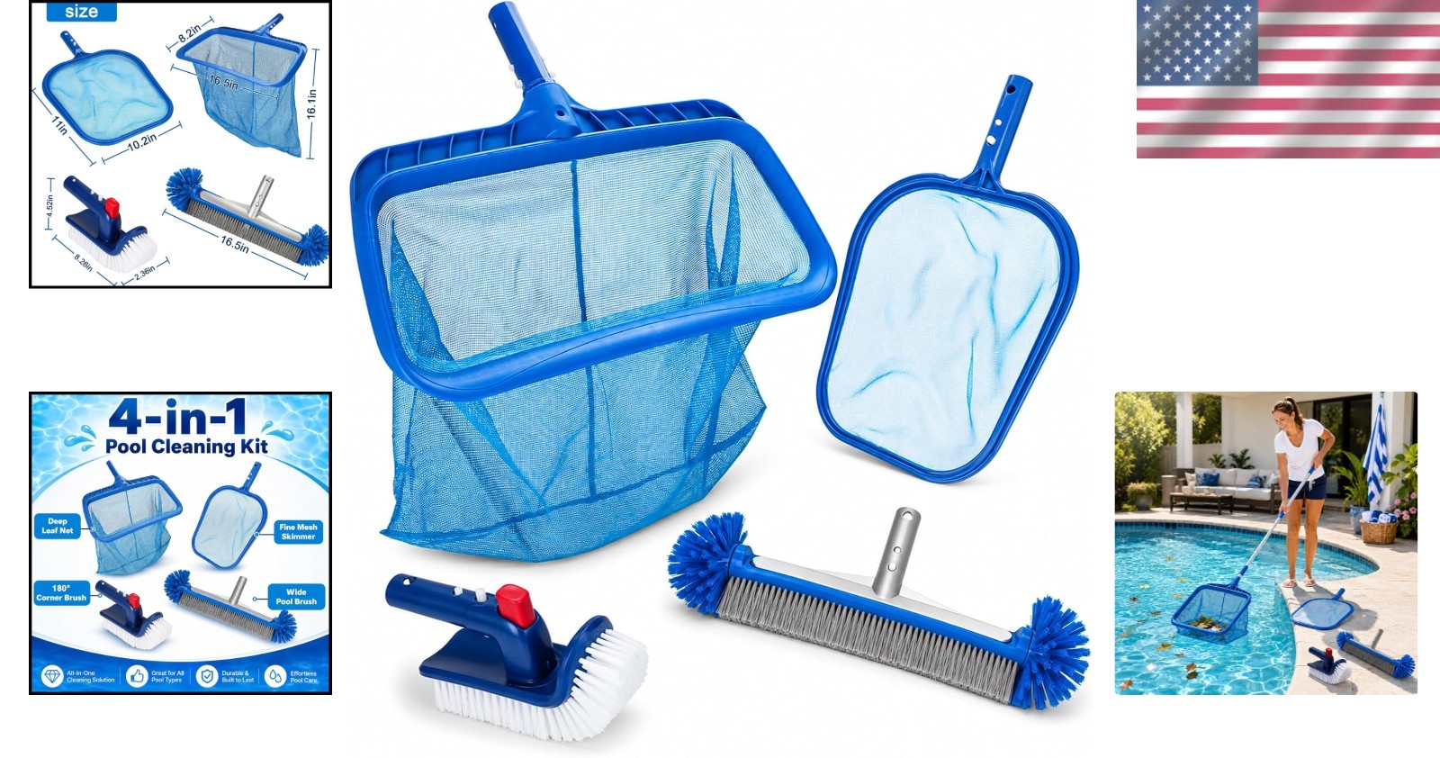 4-Piece Professional Pool Cleaning Kit: Heavy-Duty Skimmer & Brushes Included