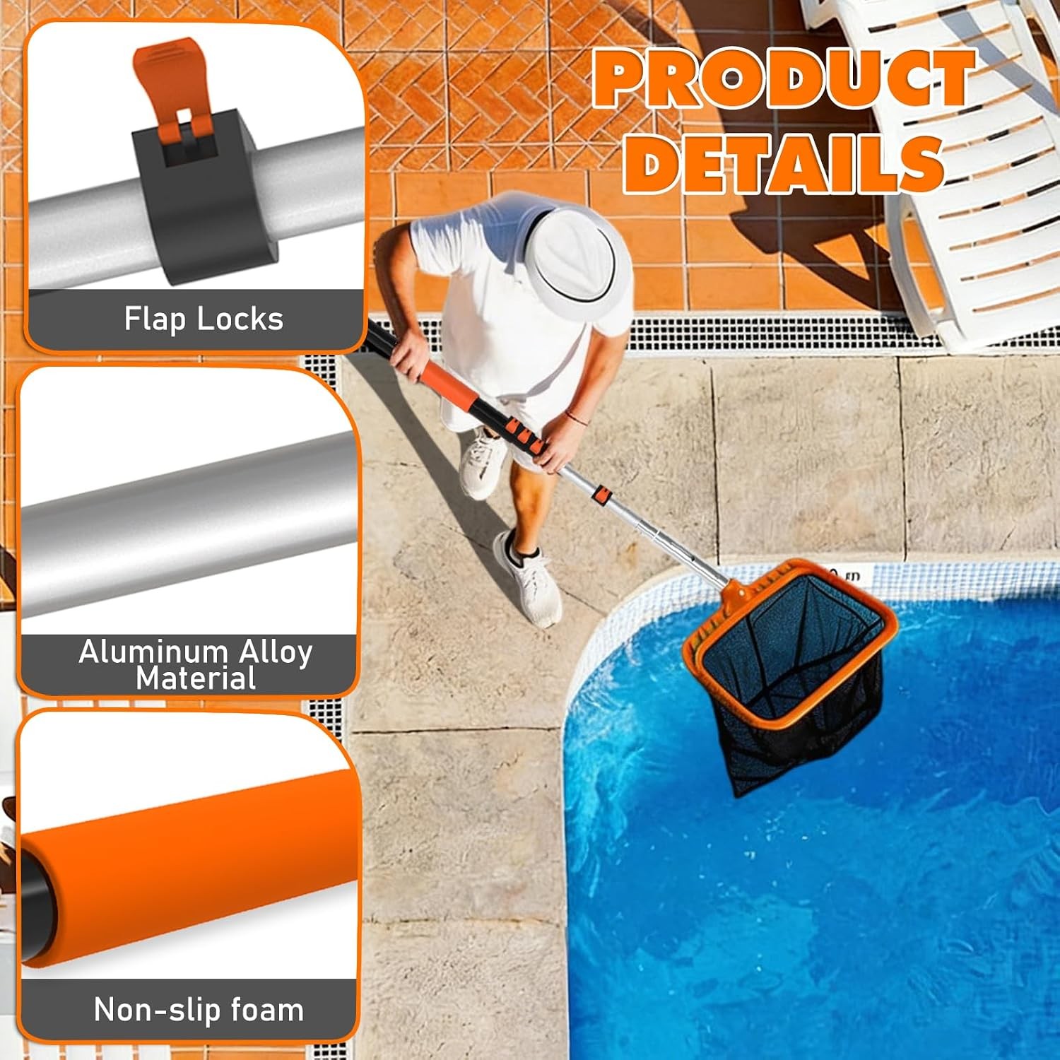 LAANPOLE Telescopic Pool Pole, 16ft Heavy Duty Swimming Pool Pole, Adjustable