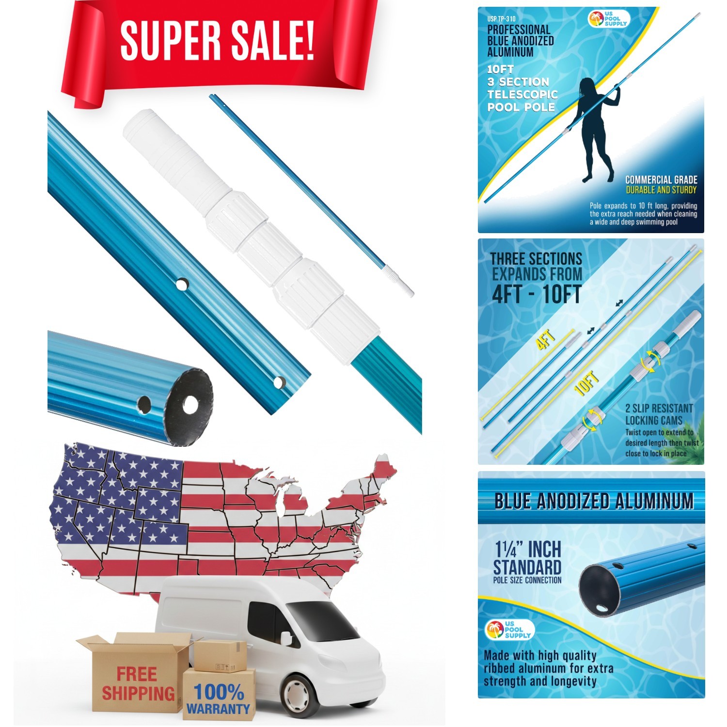 10 Foot Lightweight Aluminum Telescopic Pool Pole – Universal Fit & Easy Locking