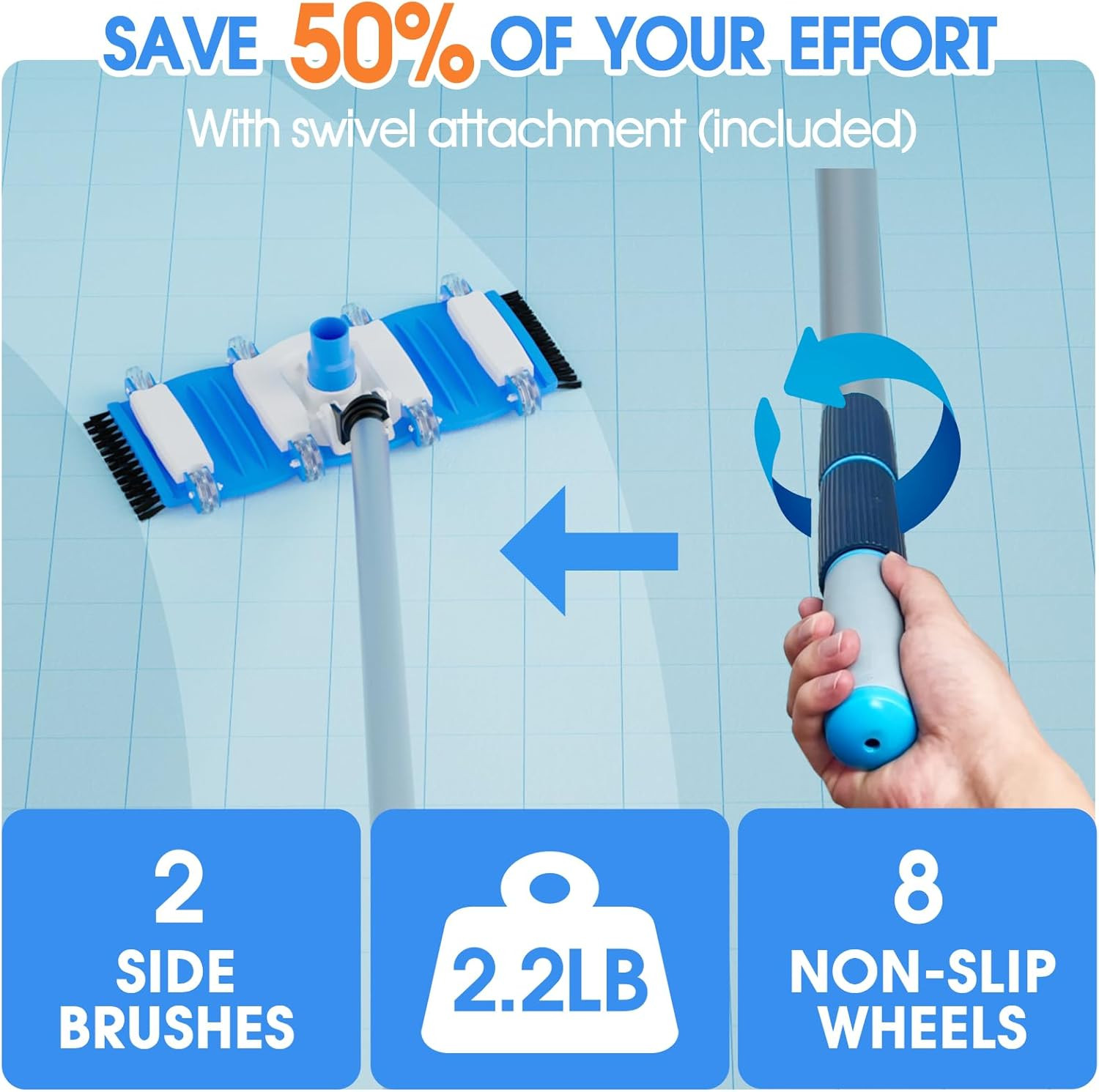 3-In-1 Pool Cleaning Kit Full Set – 18In Rounded End Pool Brush & Ergonomic Pool