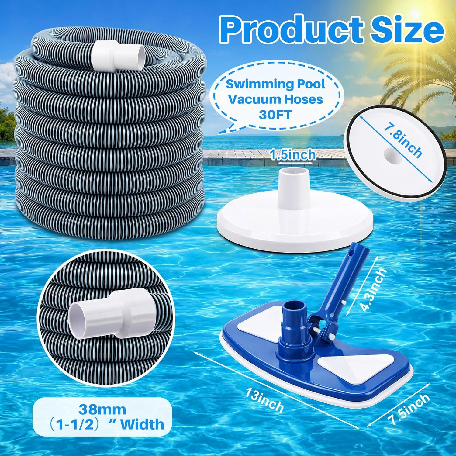 3 Pcs Pool Cleaning Kit 11.8&Prime; Vacuum Head with Flexible Wheels, 1-1/2 X 18Ft Hos