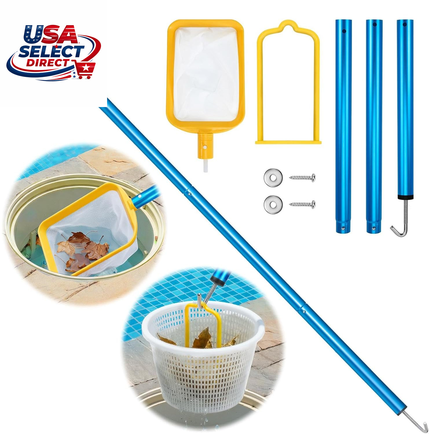 50In 2-In-1 Pool Skimmer Tool with Stainless Steel Hook & Fine Mesh Net